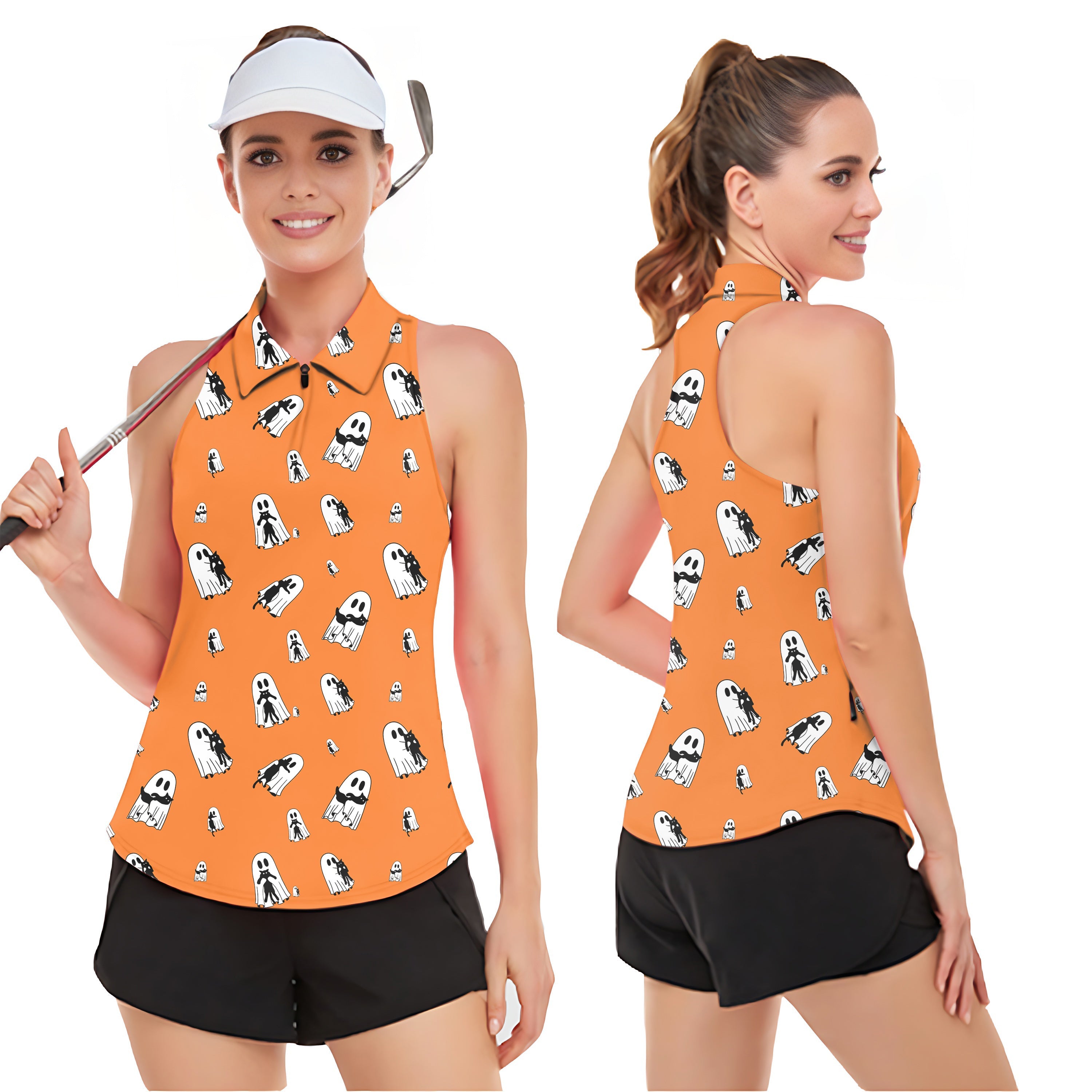 Women’s Halloween Ghost Hug sleeveless golf tank top shirt with breathable, moisture-wicking fabric and UPF50+ sun protection in orange background