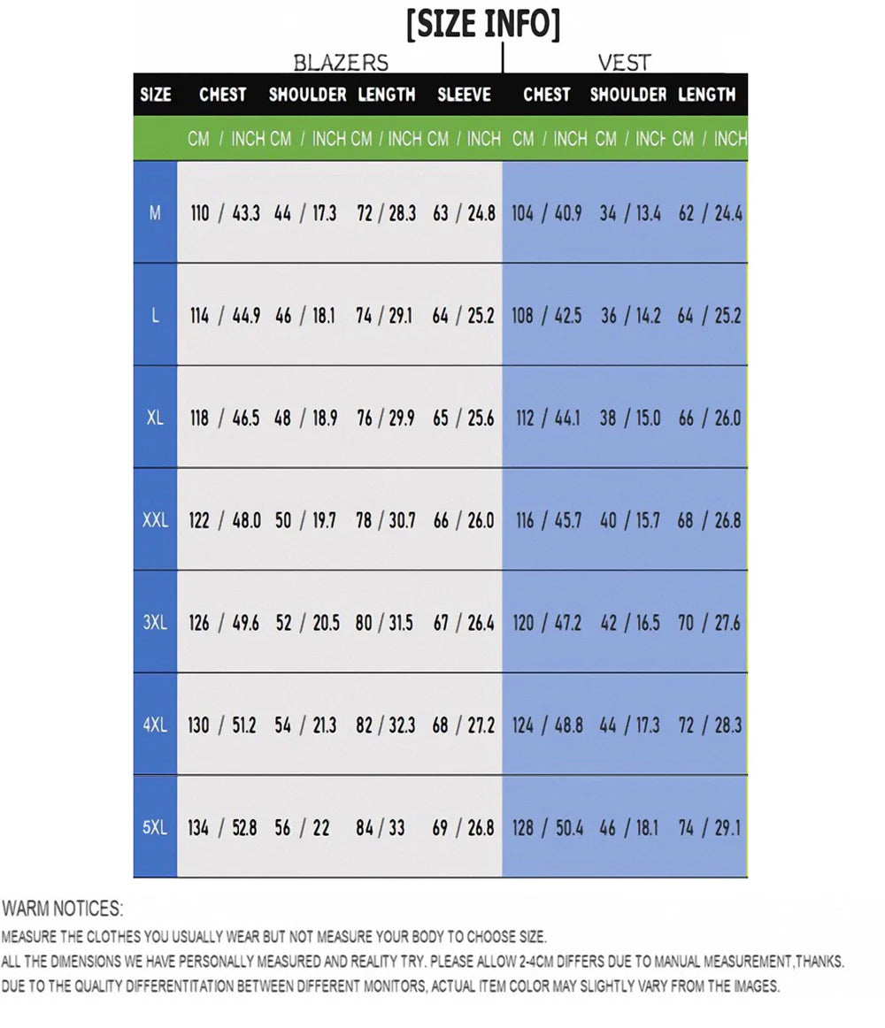 Size chart for custom photo funny face men's party costume suit set including blazer, pants, and vest in slim fit style
