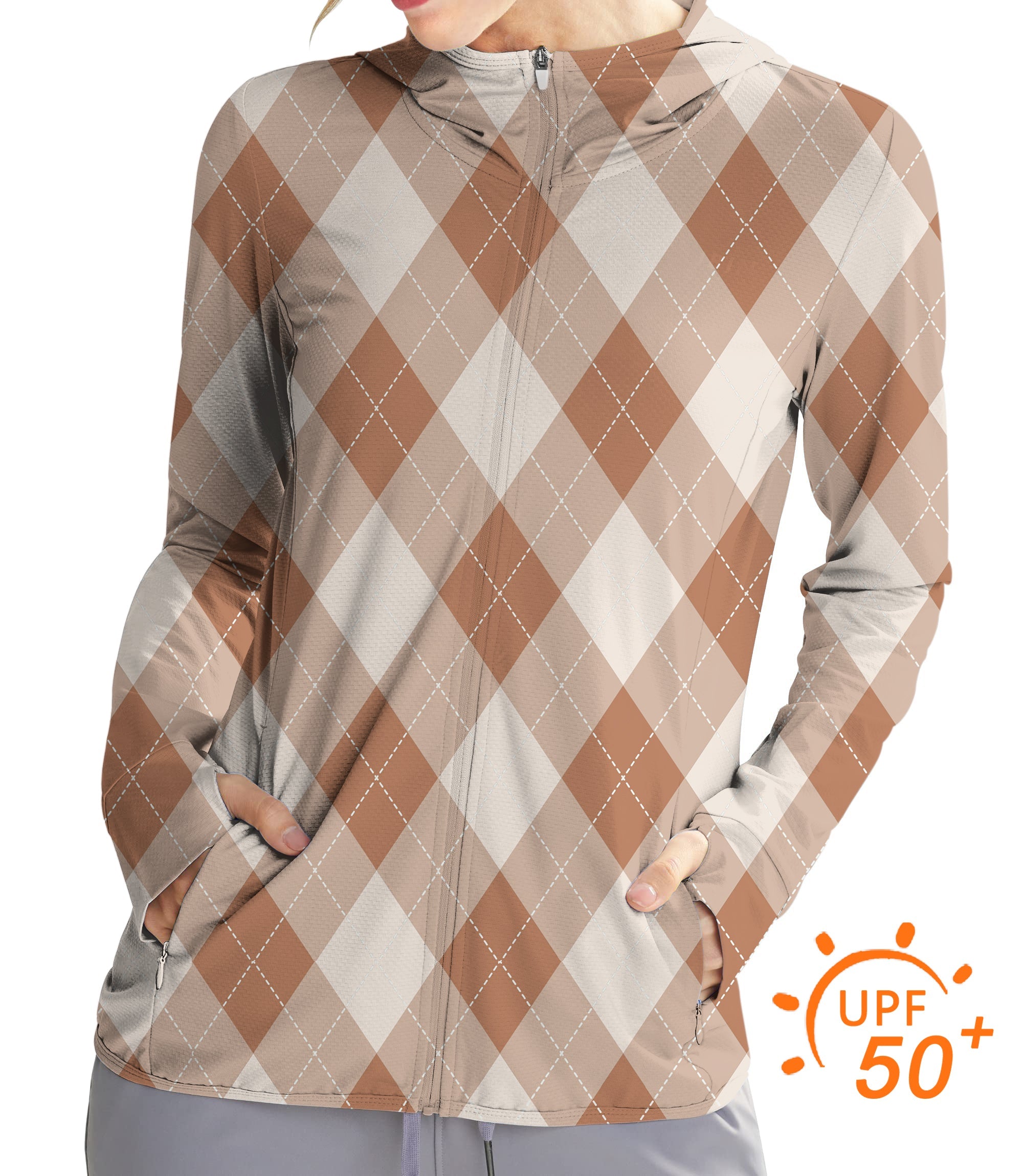 Women's outdoor brown argyle zip hoodie with UPF 50+ sun protection and thumb holes