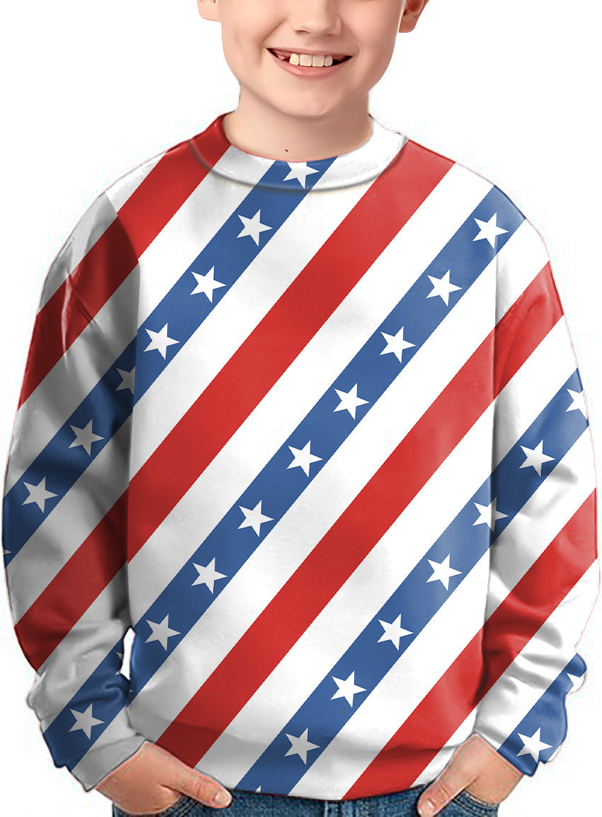 Kids American President Day crewneck pullover with red, white, and blue stars and stripes design
