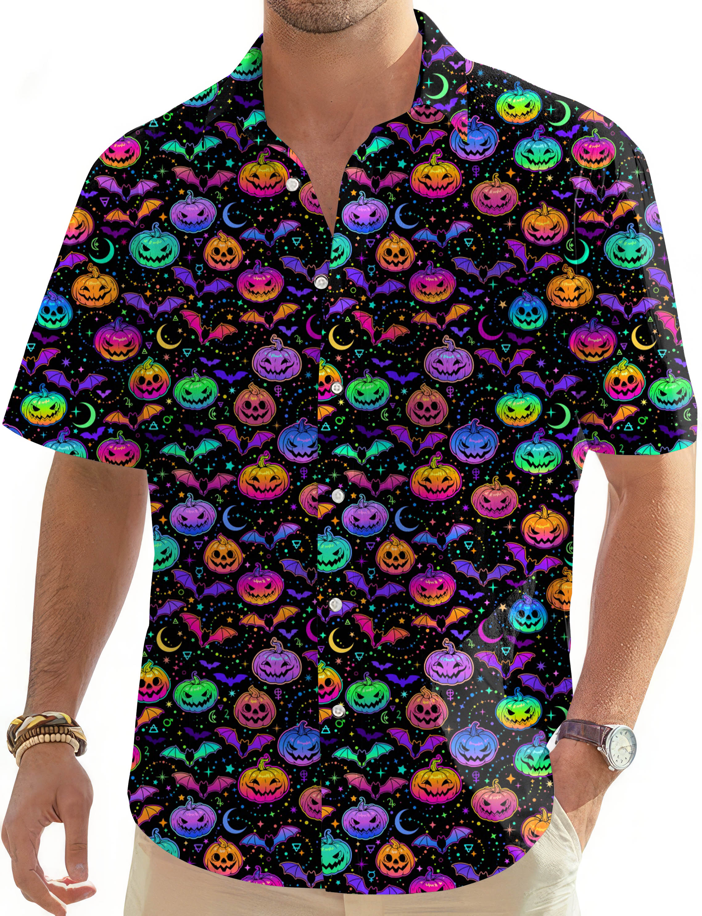 Men's neon Halloween pumpkin print Hawaiian button-down shirt with short sleeves