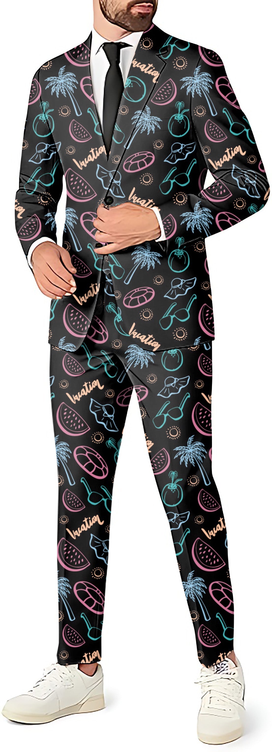 Vacation party men's blazer pants and vest suit with colorful beach-themed prints