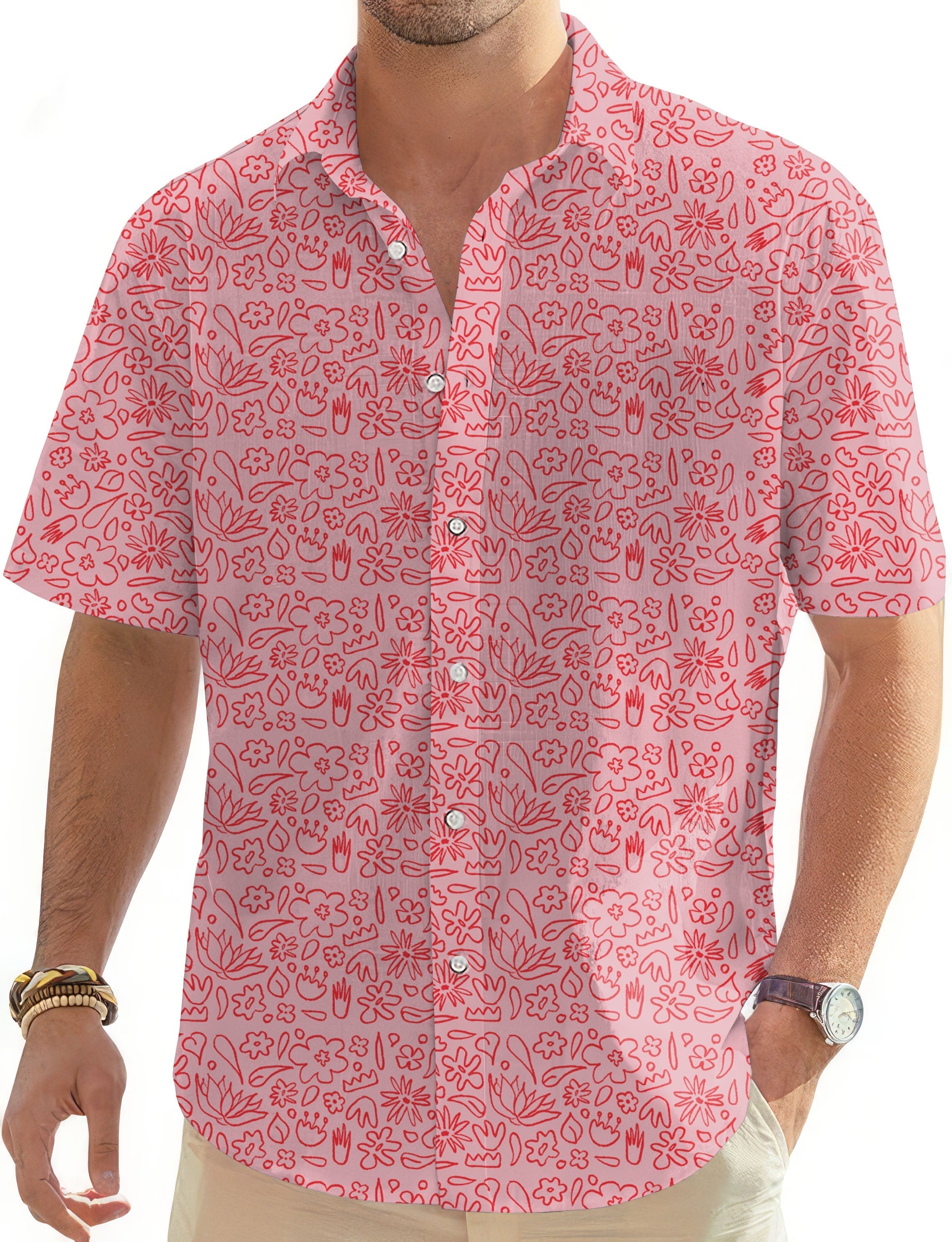 Men's simple pink flower drawing short sleeve button-down Hawaiian shirt