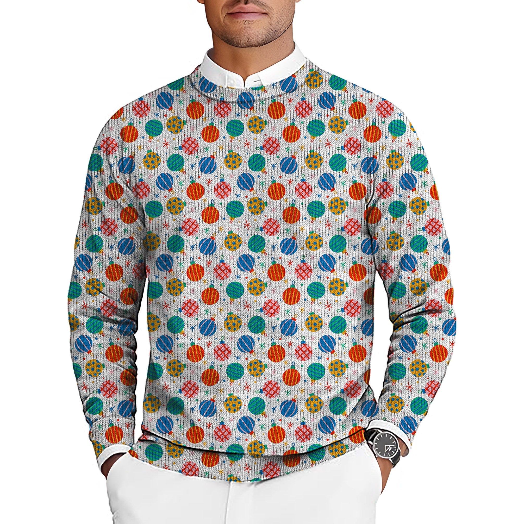 Christmas decoration men's golf crewneck pullover sweater with colorful festive pattern