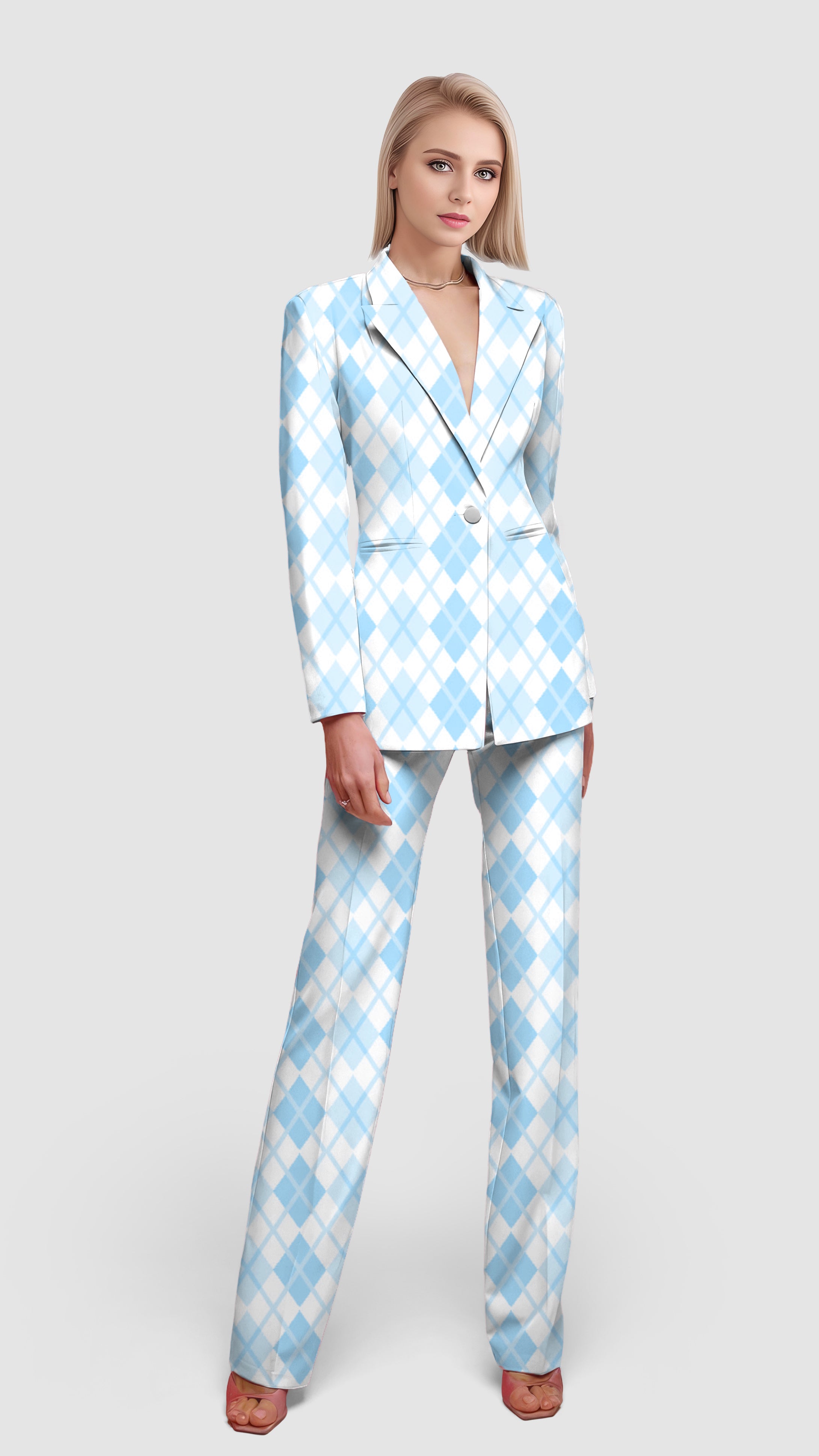 Argyle bule grid-Women's Blazer Casual Work Office Blazer Suit set