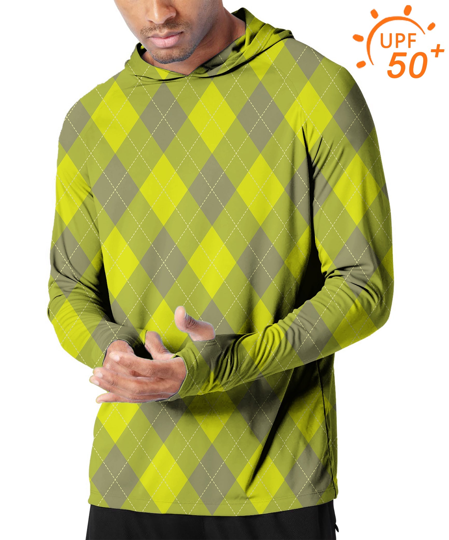 Men's Outdoor Yollow Argyle Golf Slim Fit Hooded Shirt with UPF 50+ Sun Protection