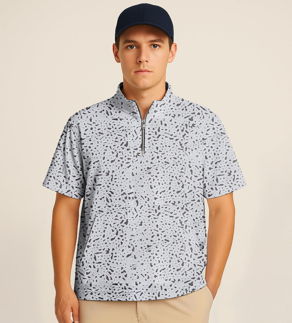 Men's half zipper turtleneck golf shirt with speckle embroidery and short sleeves