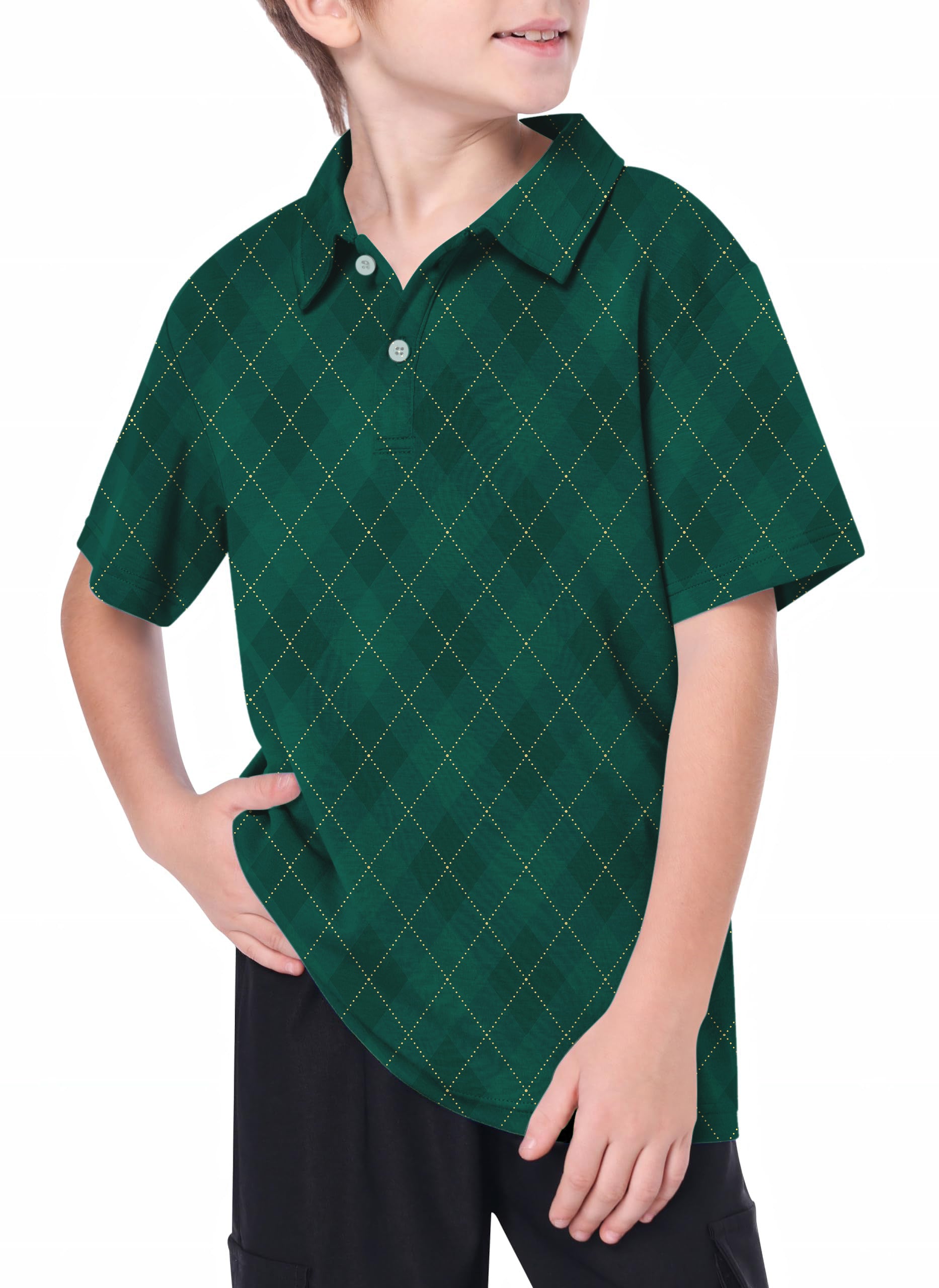 Youth Green diamond grid Golf Polo