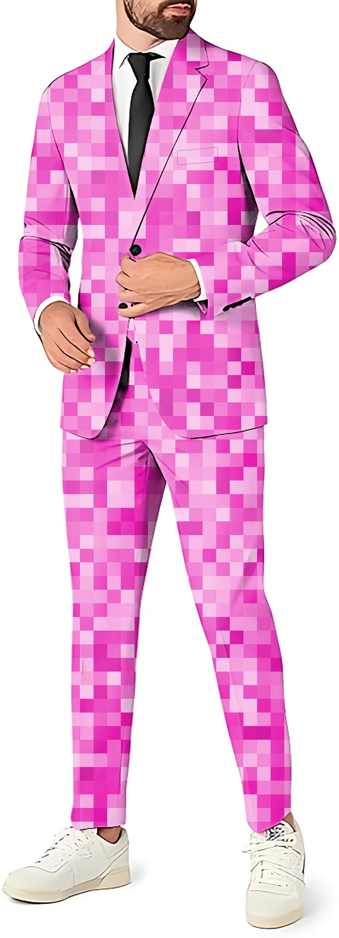 Rose Red Pixel men's party suit with blazer, pants, and vest in pixel pattern