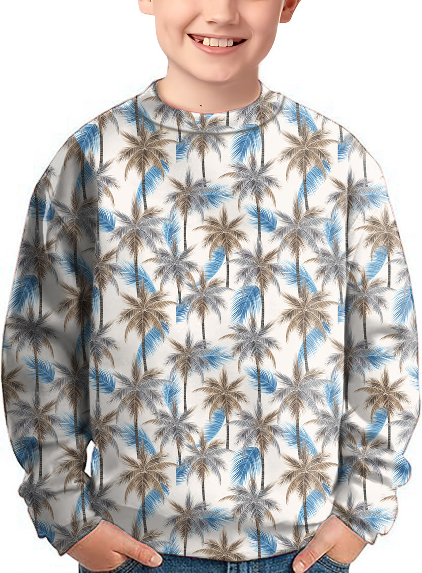 Palm Haven Crewneck kids pullover with blue and brown palm tree pattern.