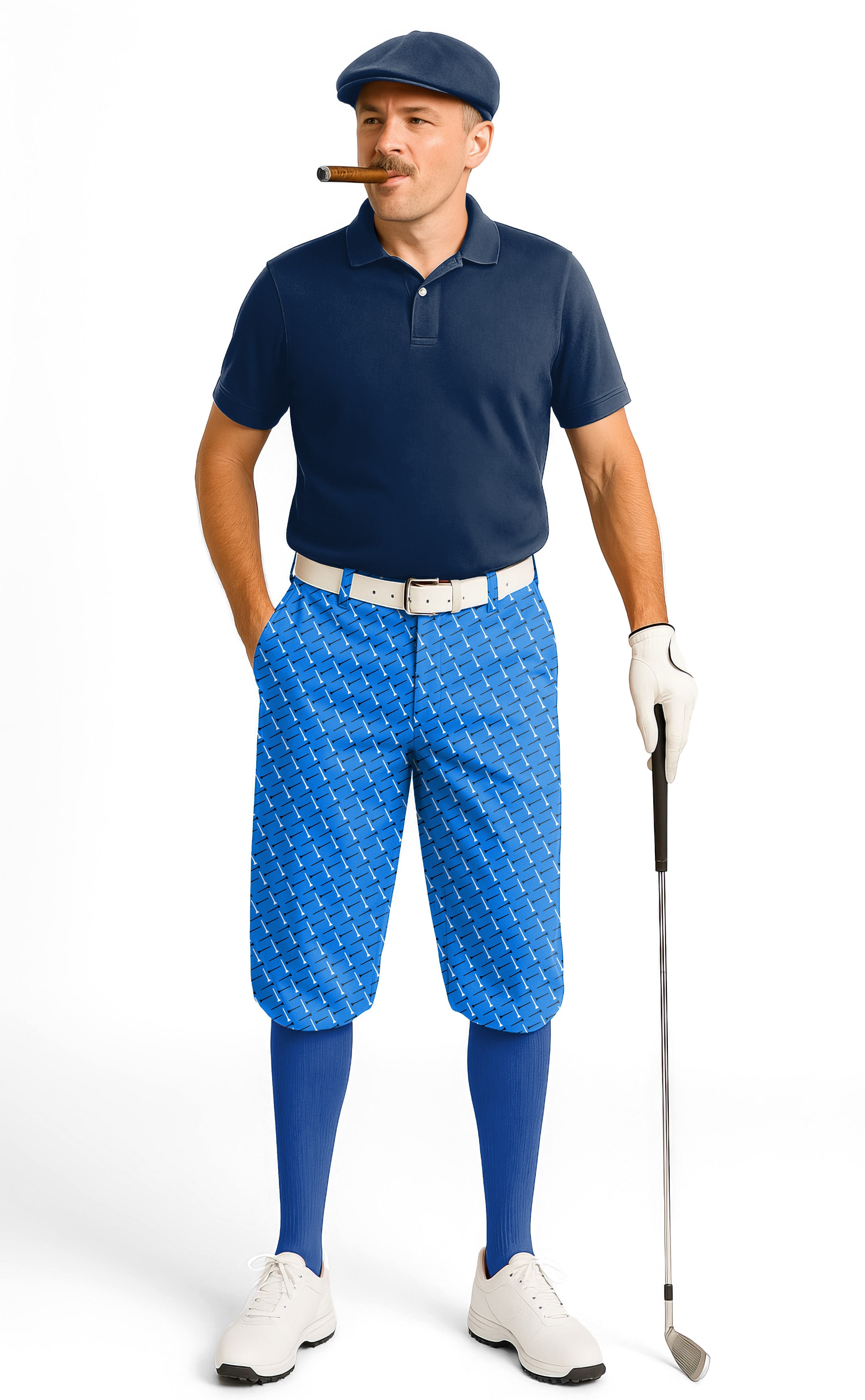 Men's golf outfit with custom blue patterned knickers and navy polo shirt