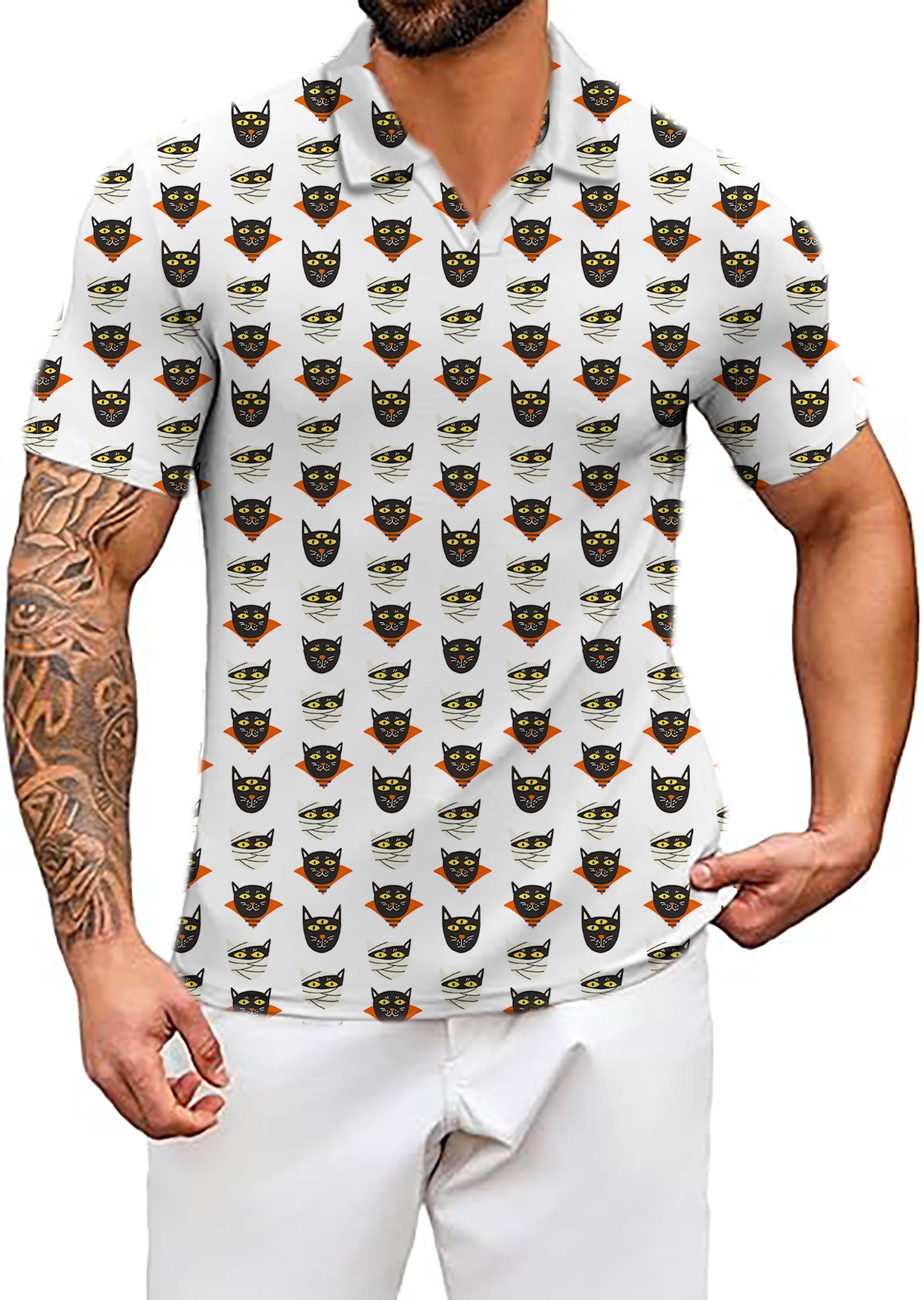 Men's Coconut Palm Halloween themed V-neck golf polo shirt with mummy cat pattern and custom options