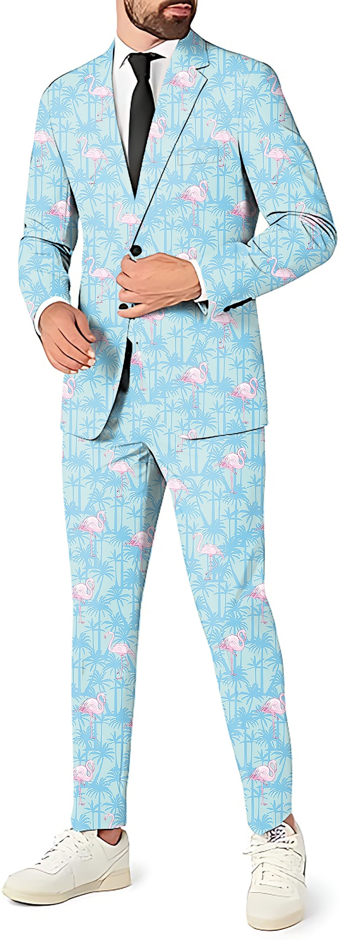 Men's pale pink flamingo themed blazer suit with pants and vest for parties