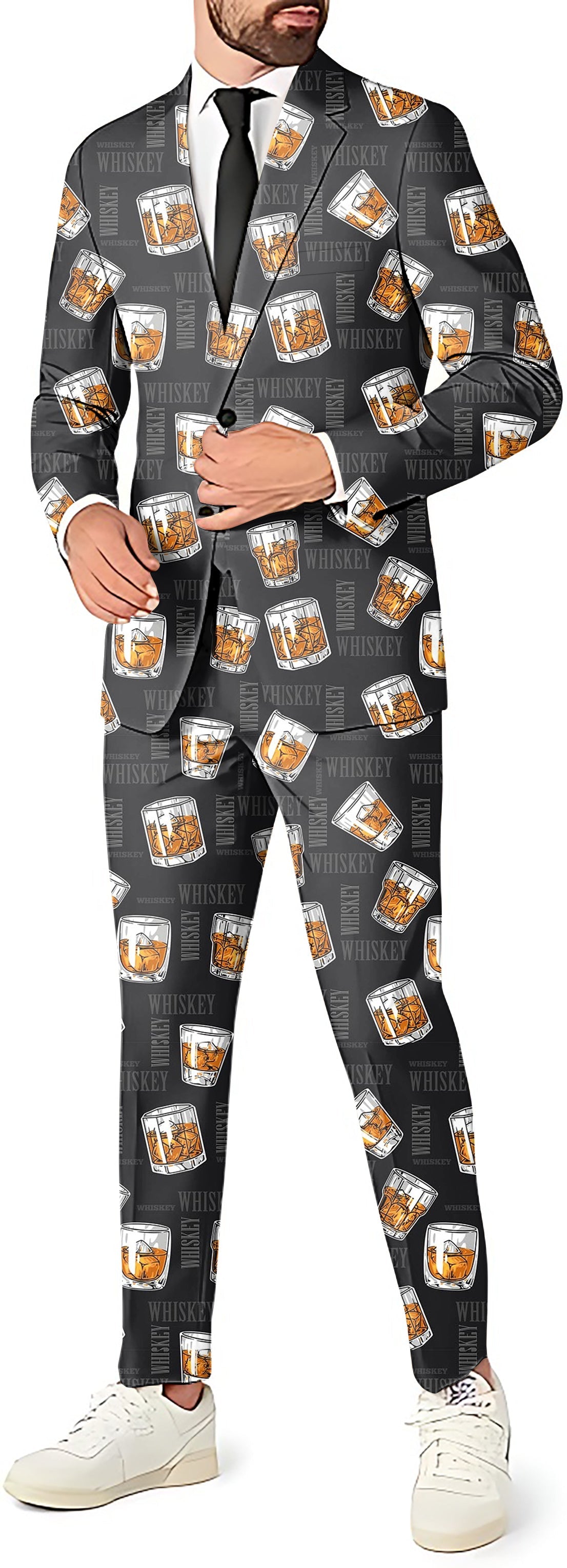 Men's party suit with whiskey glass print blazer, pants, and vest set