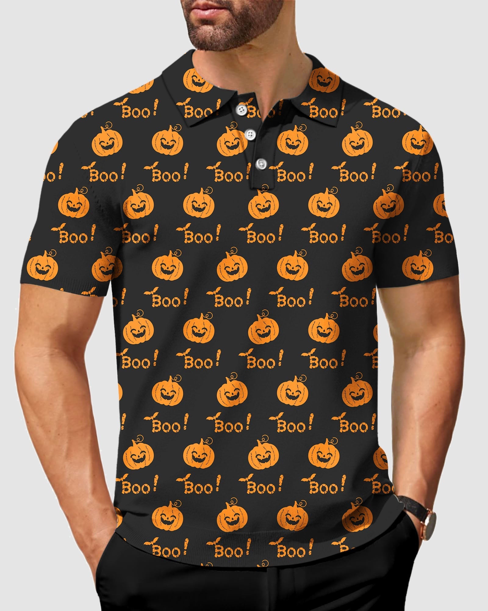 Men's Halloween Boo Pumpkin Polo shirt with orange jack-o'-lanterns and "Boo!" text on black fabric, featuring a classic fit and moisture-wicking material