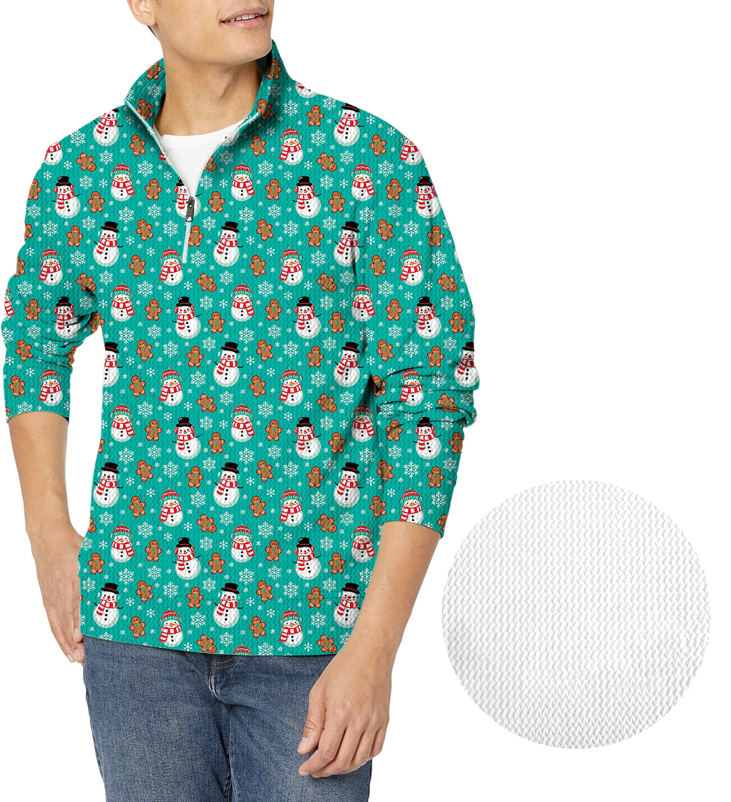 Gingerbread Snowman Blue Christmas Men's Golf Waffle Zipper Pullover