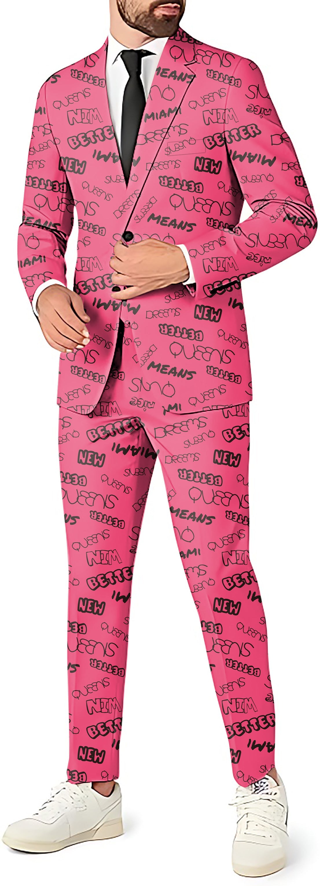 Miami men's party costume pink blazer pants vest set with graphic text design