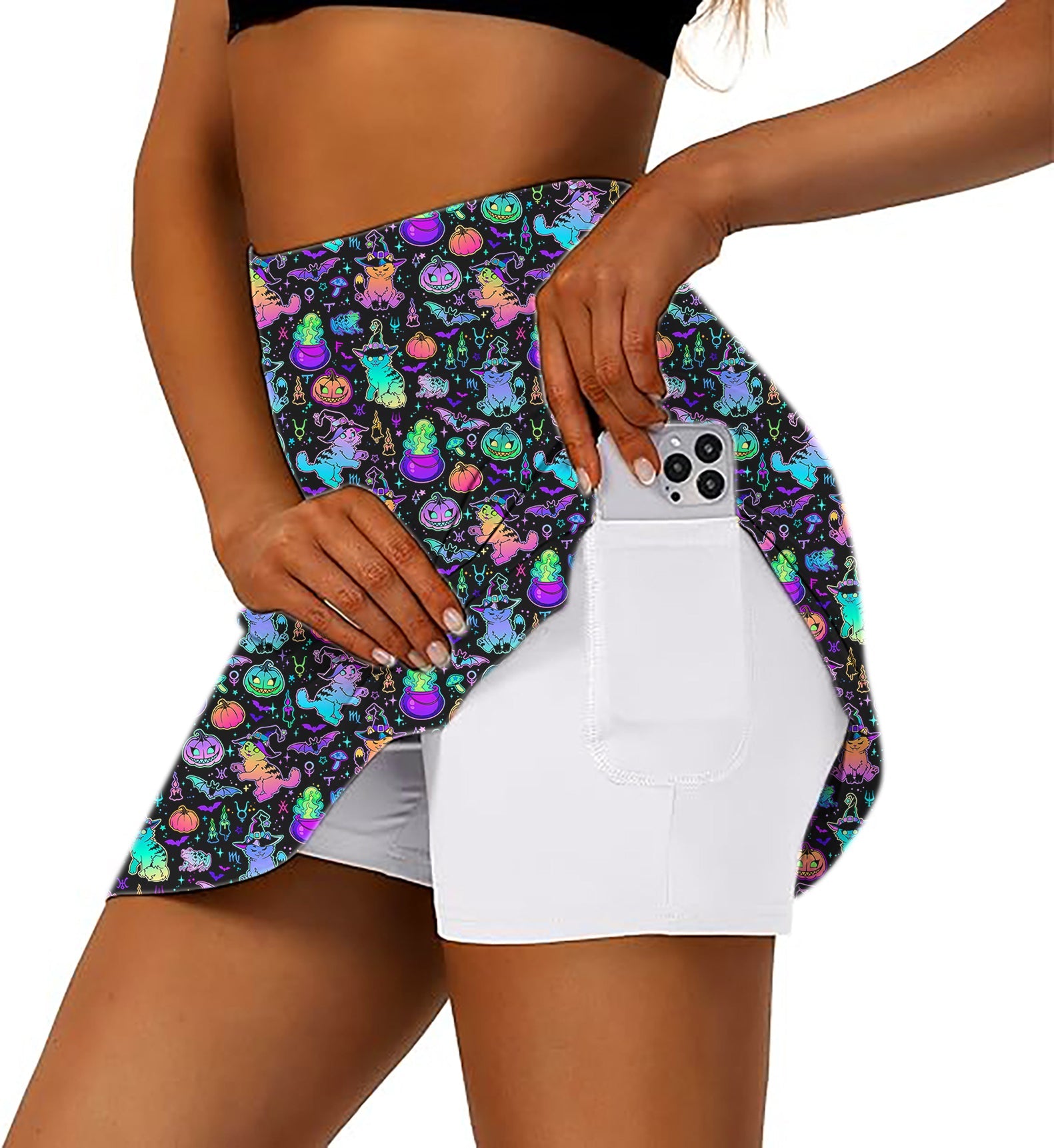 Women?¡¥s Halloween Constellation Cat golf skirt with inner shorts and side pocket holding phone