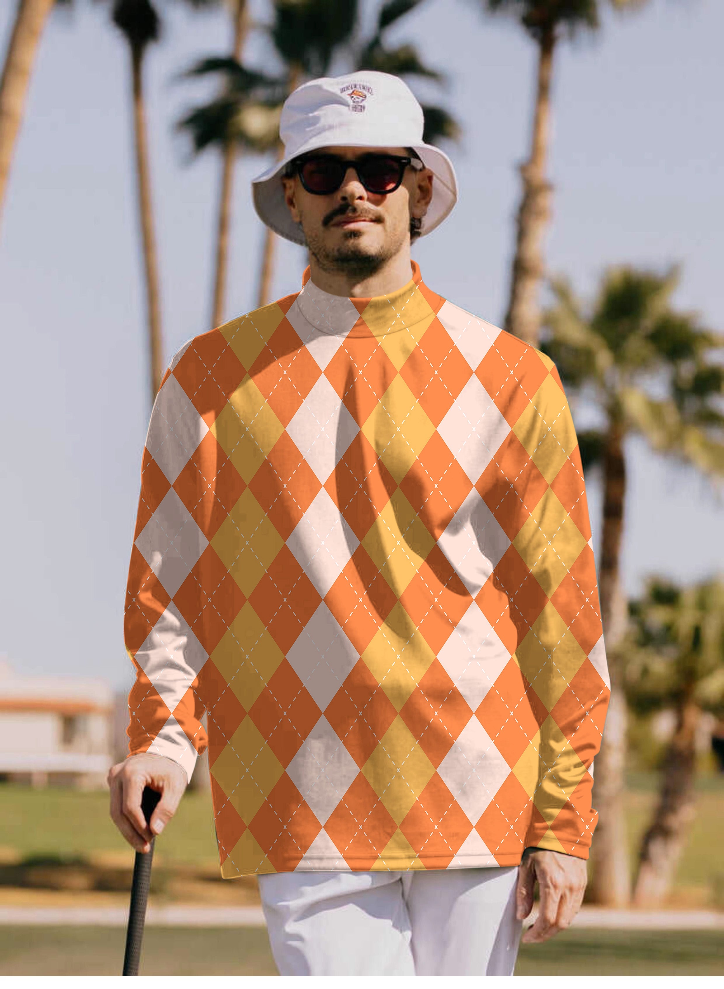 Men's Halloween orange apricot argyle pullover with high neck and long sleeves worn outdoors