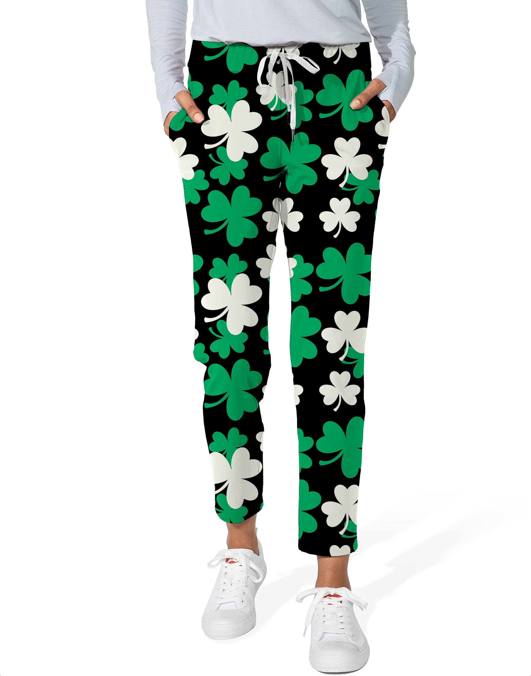 Women's 7/8 stretch ankle golf pants with green and white leaf clover print for St. Patrick's Day