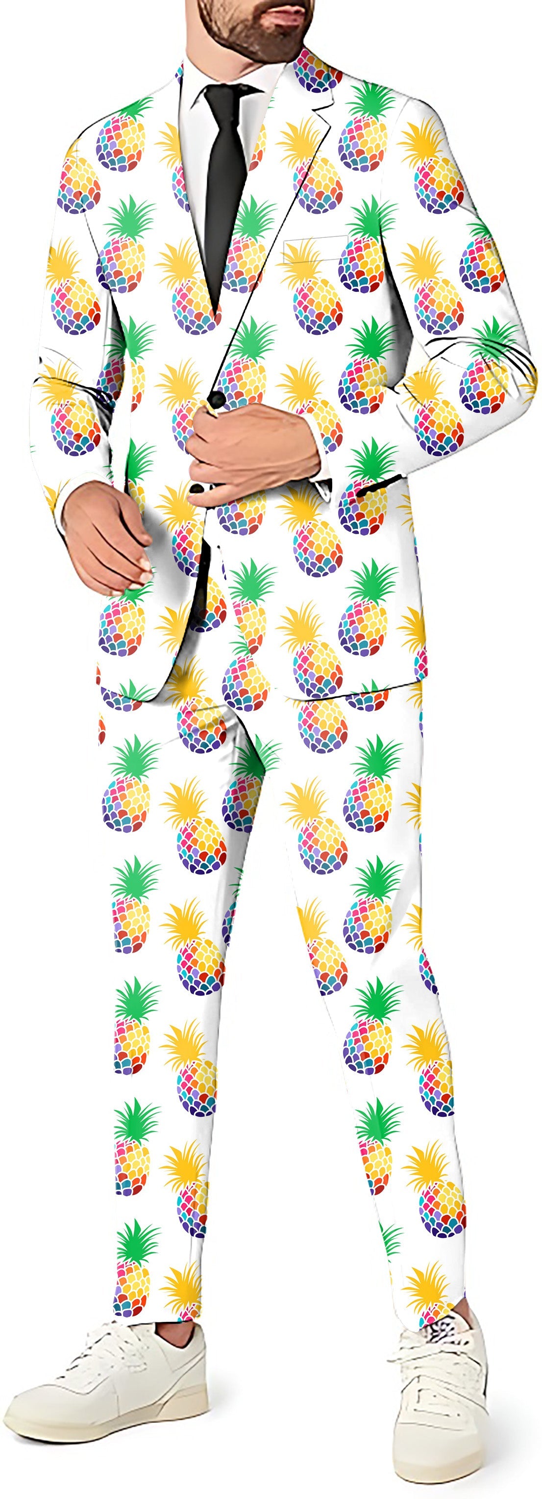 Pineapple Disco Men's party suit with blazer, pants, and vest featuring colorful pineapple print for themed events