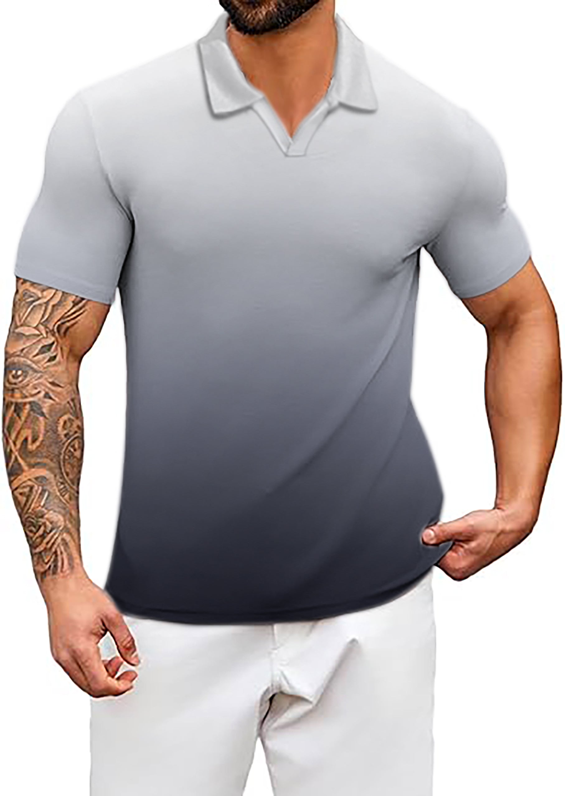 Men's Black And White Gradient V Neck Golf Polo Shirts
