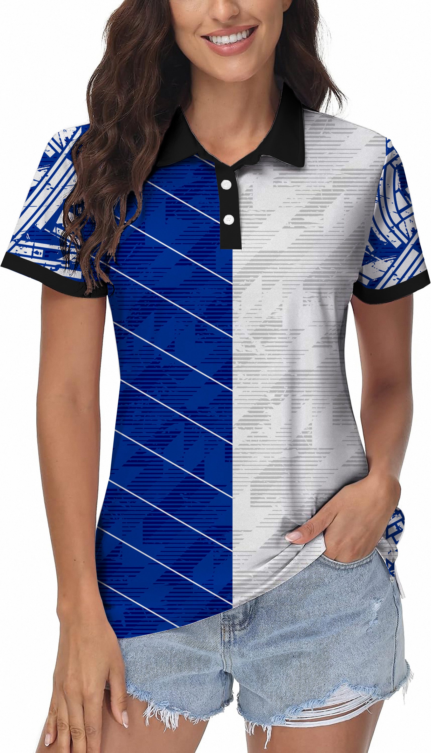 Women's custom sport team golf polo with blue stitching, four-way stretch, moisture-wicking fabric, and UPF 40+ protection