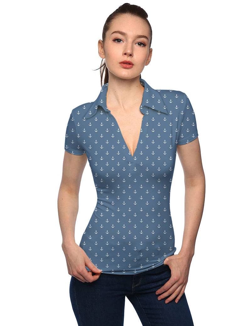 Women's gray blue anchor print V-neck golf polo shirt with stand collar and short sleeves