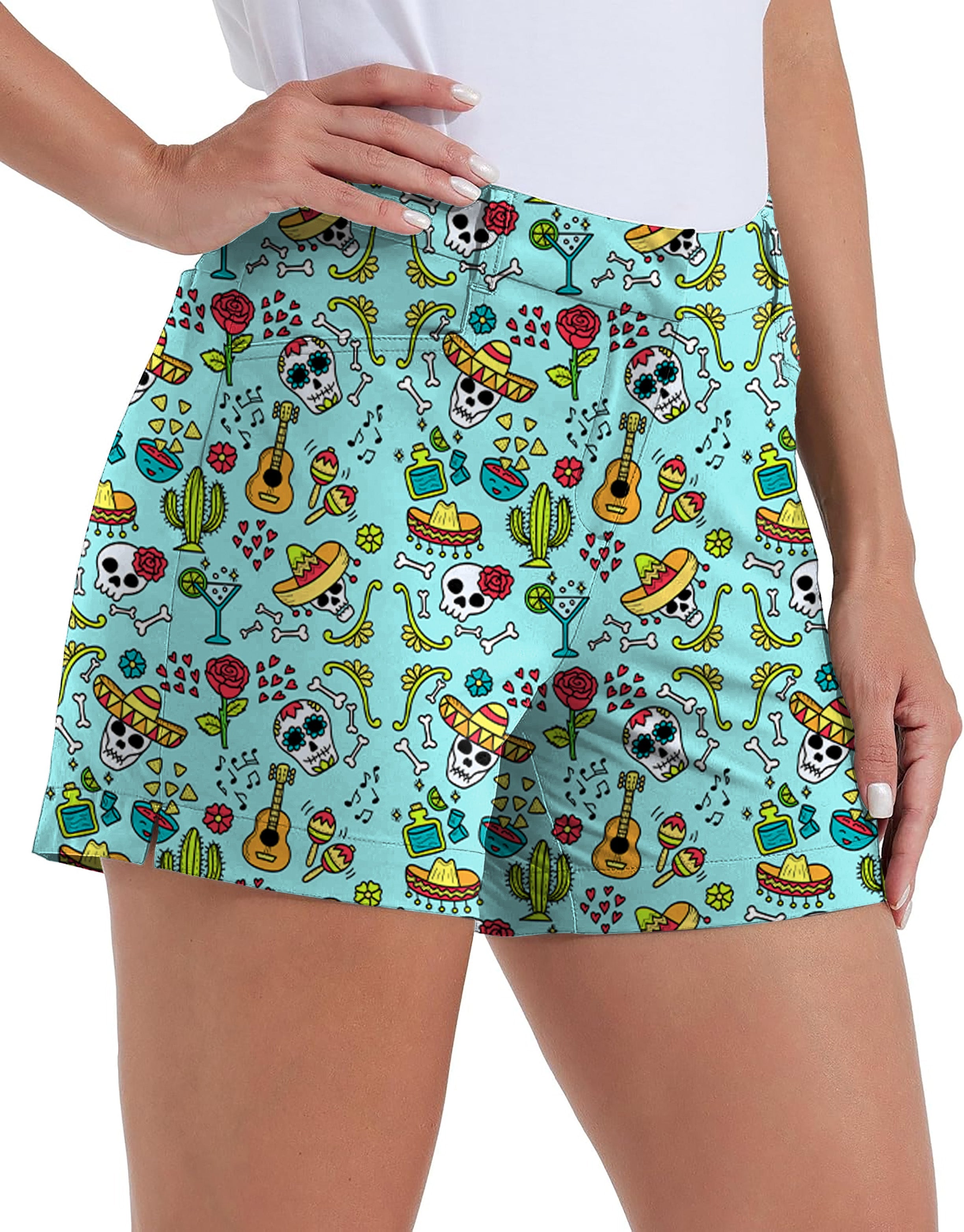 Women wearing Fiesta Time Own Logo quick-drying waterproof golf shorts with colorful festive pattern and pockets