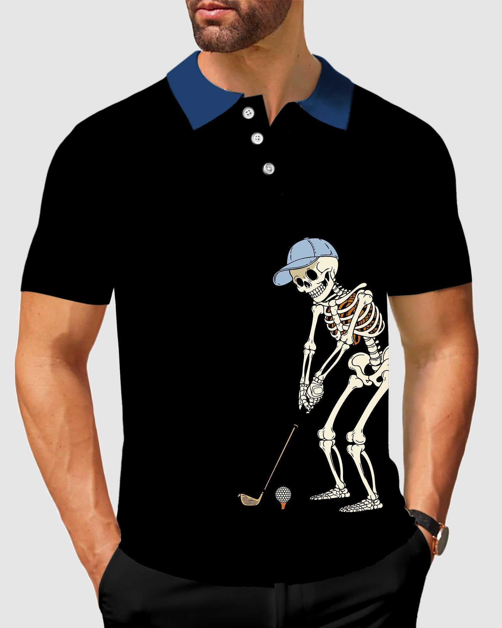 Men's blue royal black Halloween skeleton golf polo shirt with stretch, moisture-wicking fabric, and classic fit