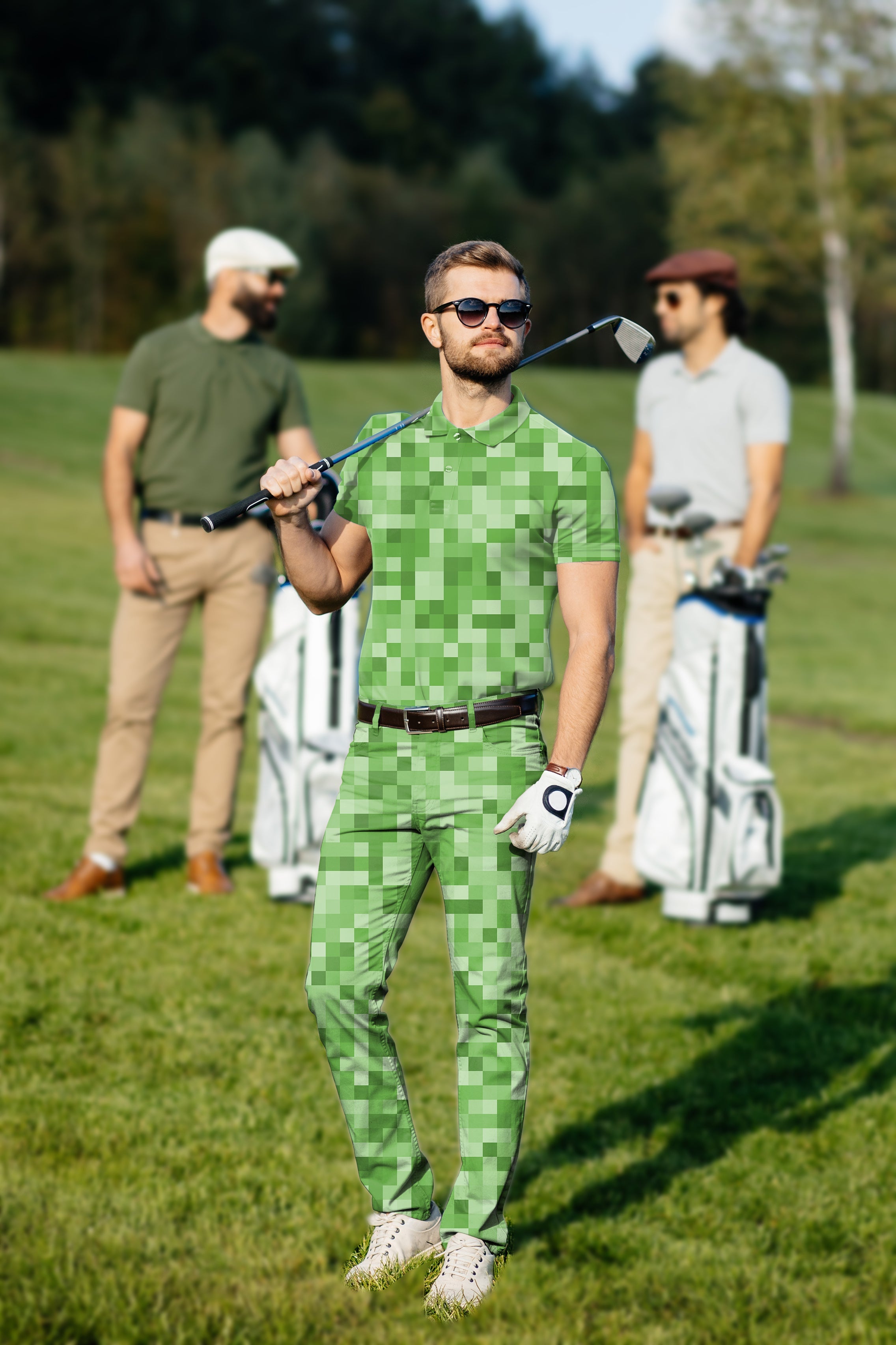 Men's golf set with light green pixel pattern polo and pants, four-way stretch, moisture-wicking, wrinkle-resistant, UPF 40+ protection