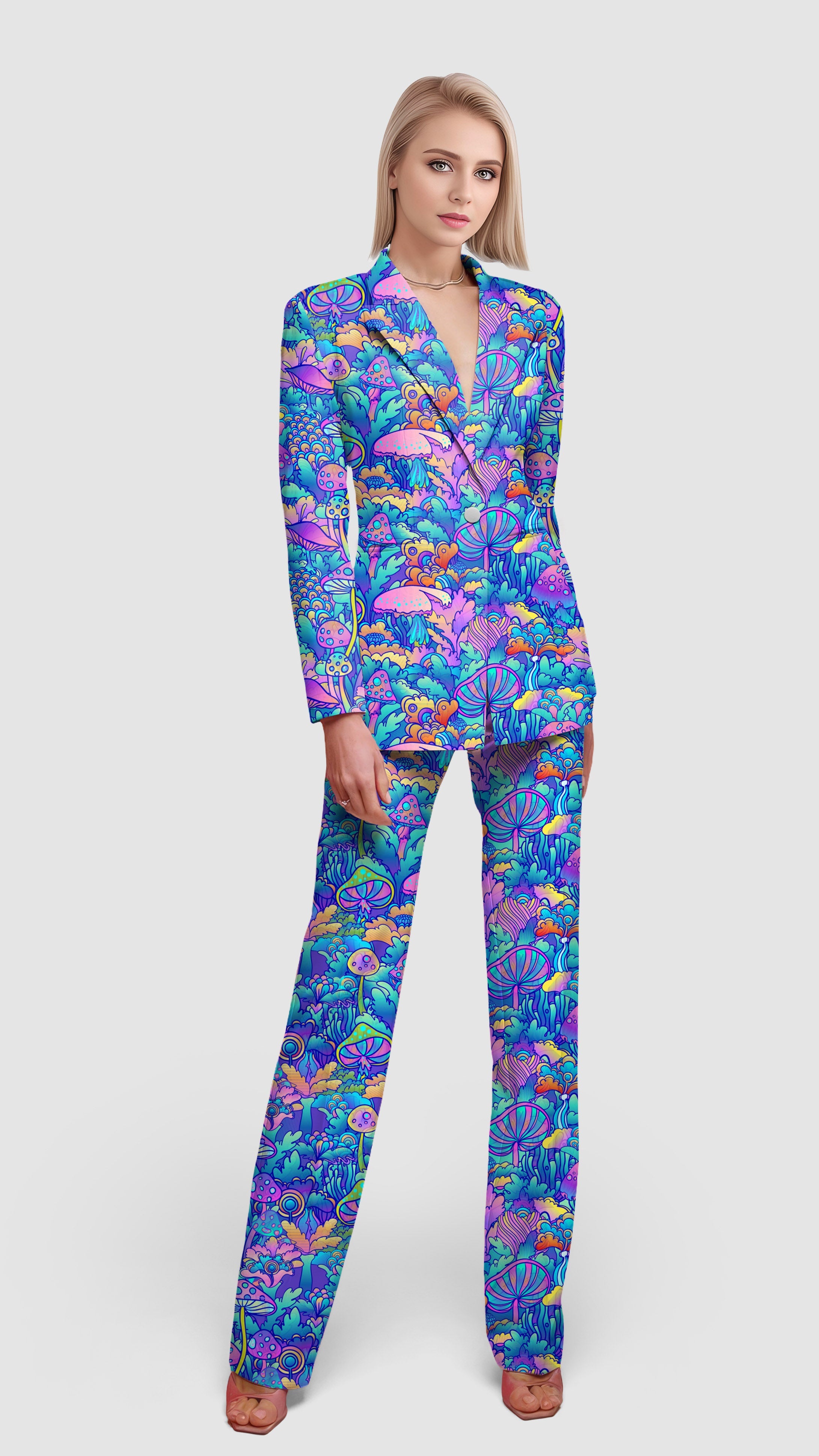 magic mushroom women's blazer suit set with colorful psychedelic mushroom pattern, casual work office style