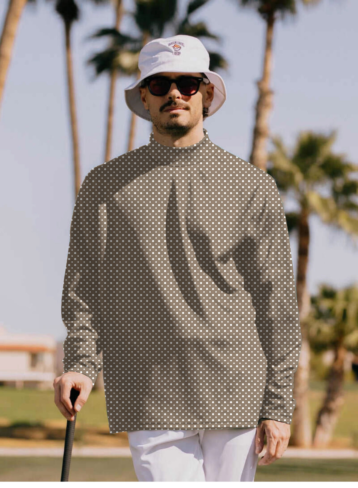 Men's white polka dot brown Mock Neck Long/Short Sleeve Golf Tops