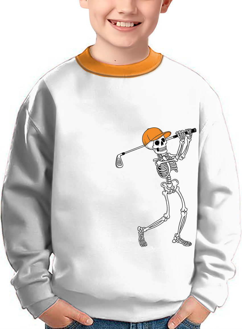 Pumpkin white Halloween skeleton golf crewneck pullover for kids with orange collar and golf skeleton graphic