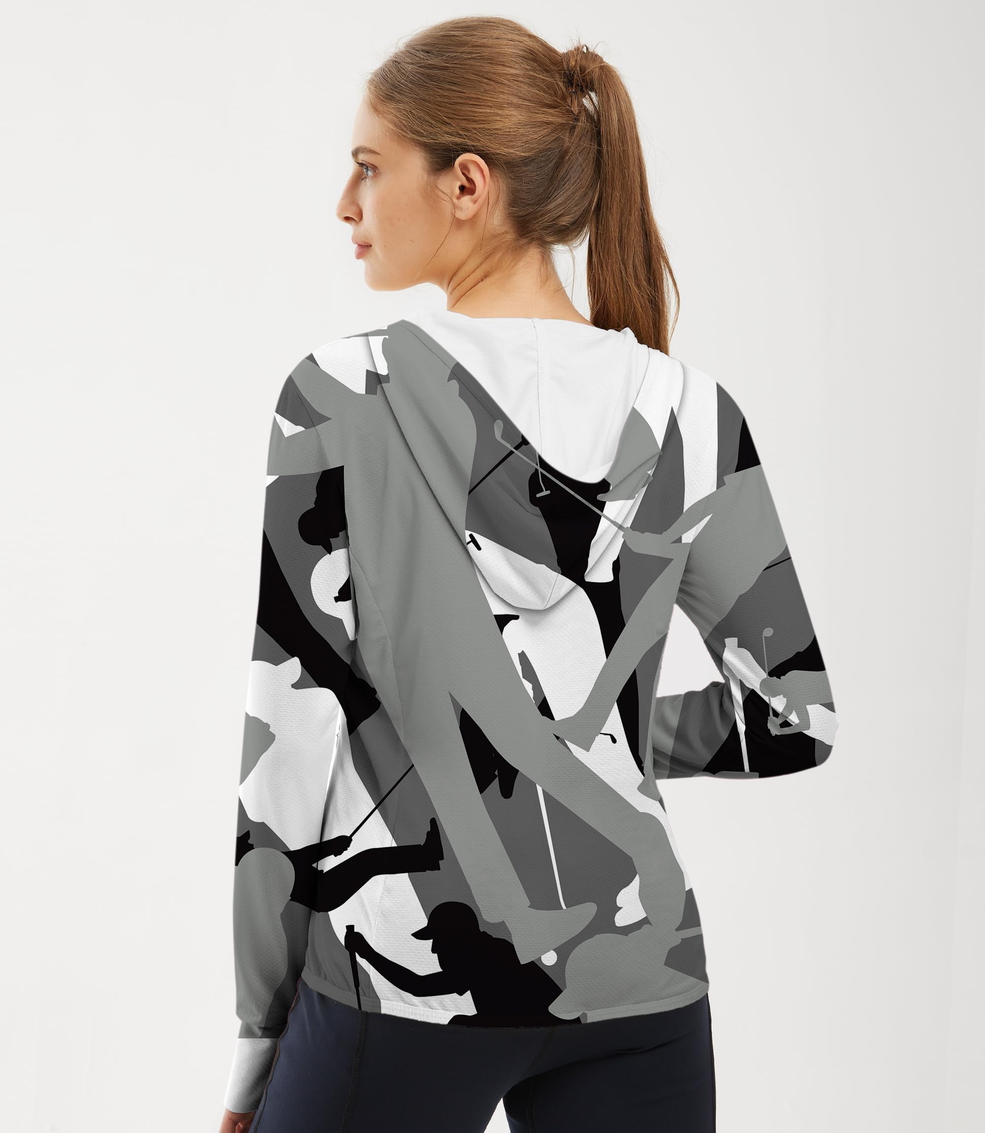 Women's outdoor black and white golf sun protection slim fit zip hoodie with moisture-wicking, UPF 50+ fabric, thumb holes, and hood for neck sun protection