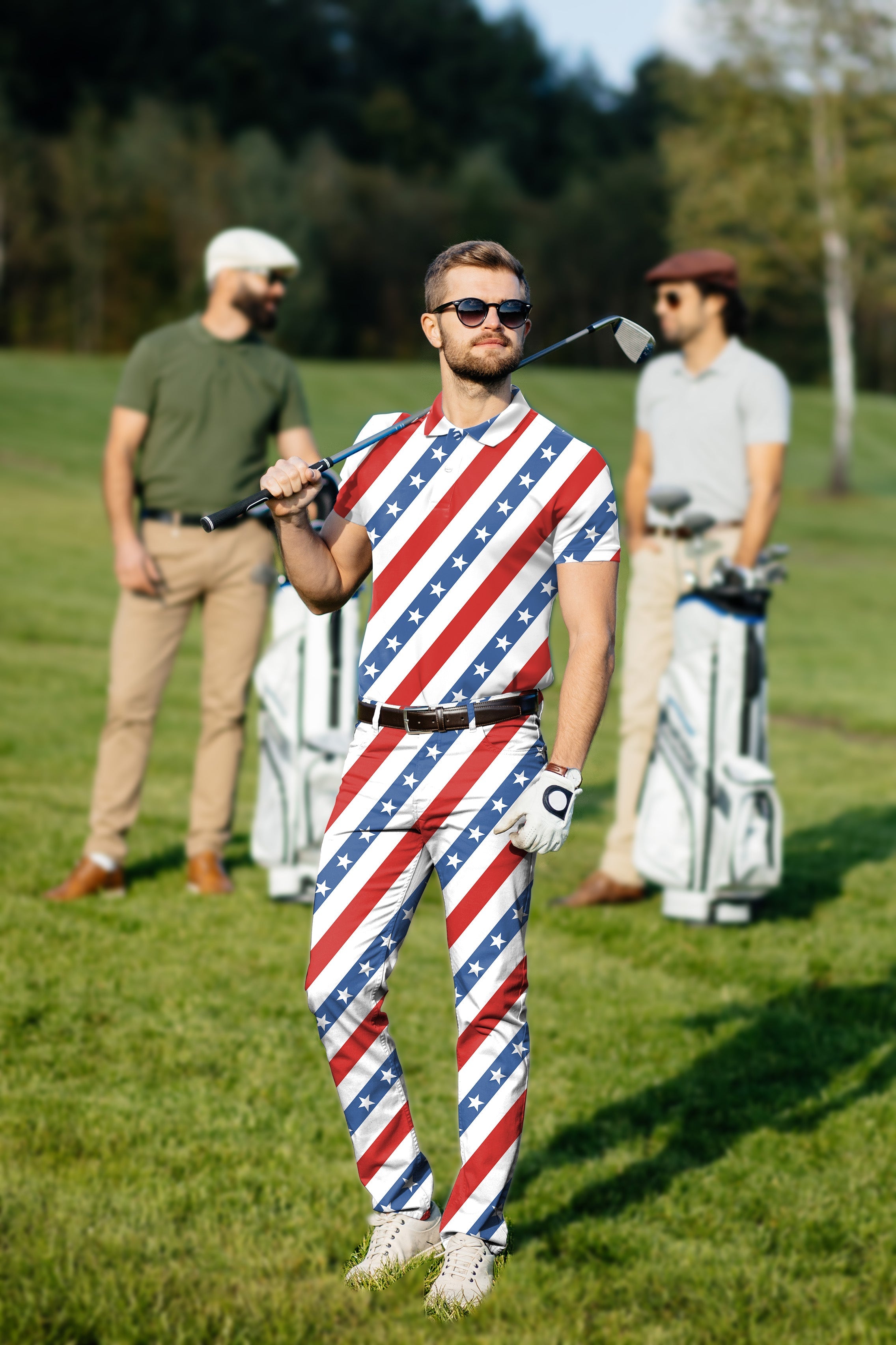 Men's Golf Set with American flag themed polo and pants on golf course