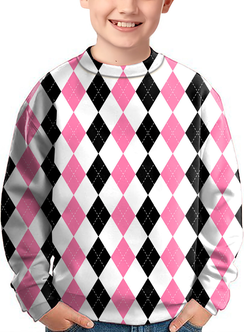 Kids pink black argyle crewneck pullover ugly sweater