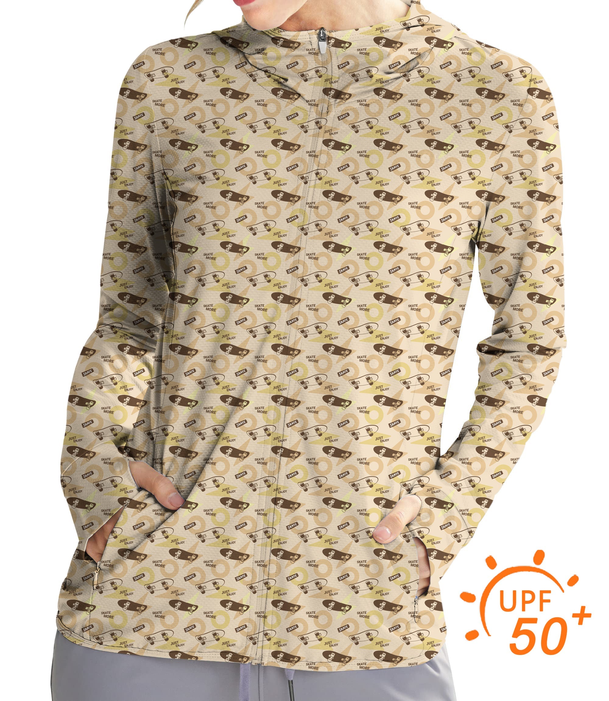 Women's outdoor khaki slim fit zip hoodie with UPF 50+ sun protection and breathable moisture-wicking fabric