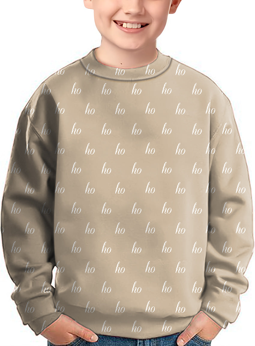 Beige kids Christmas crewneck pullover sweater with custom name and "ho" print design