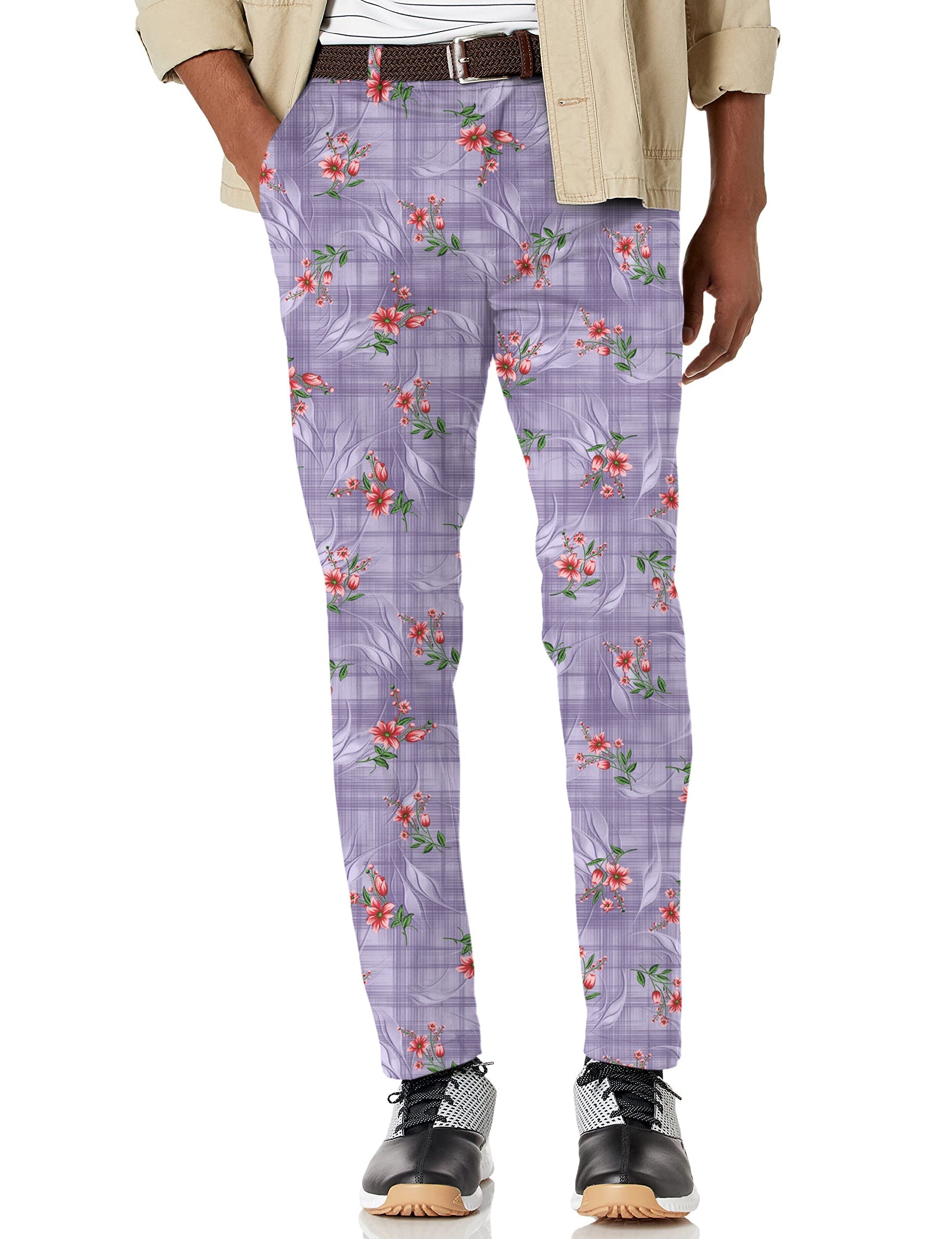 Men's purple flower stretch golf pants with moisture-wicking fabric and active waistband