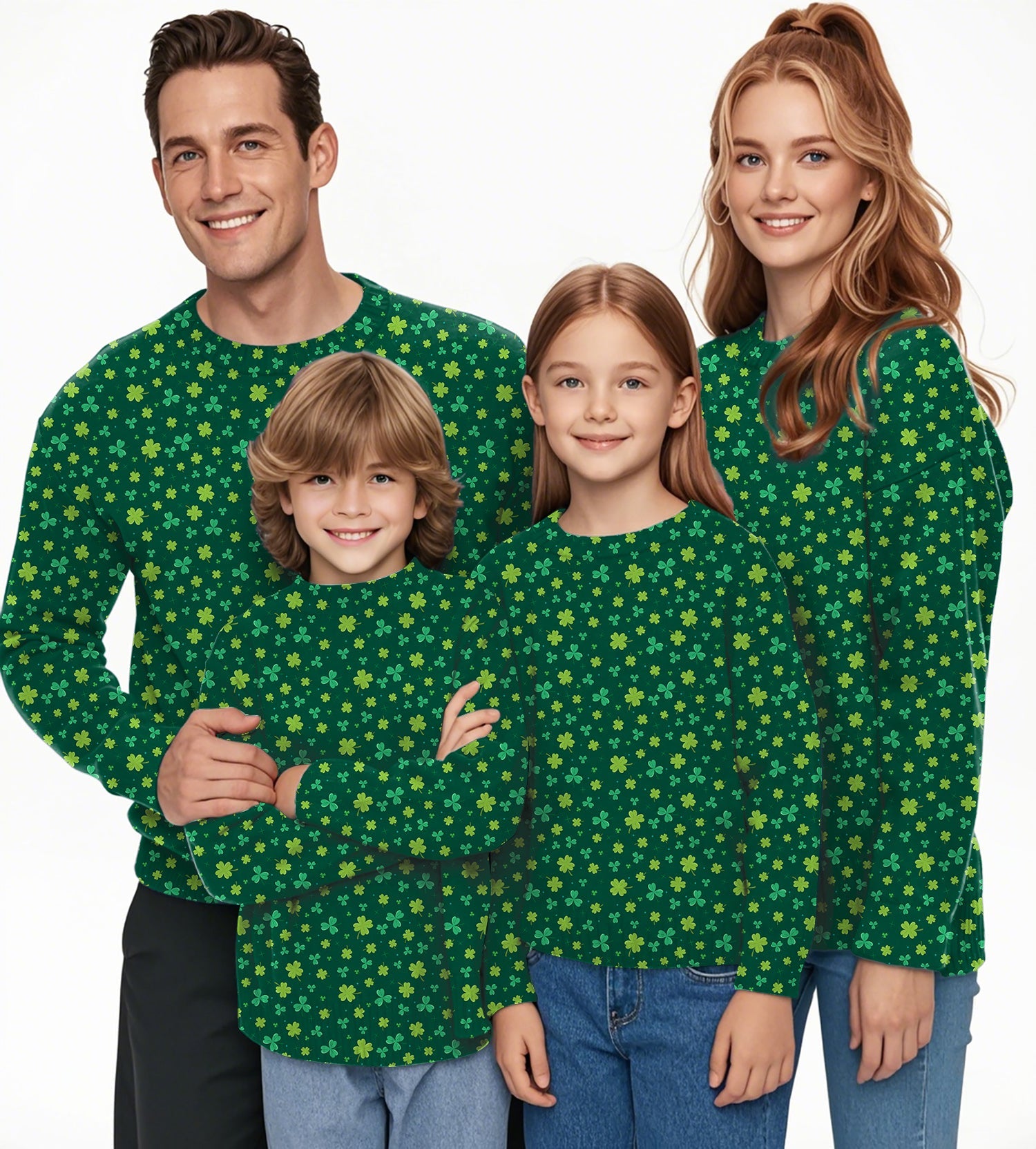 Family wearing green leaf clover St. Patrick's Day crewneck pullover ugly sweaters for men, women, boys, and girls