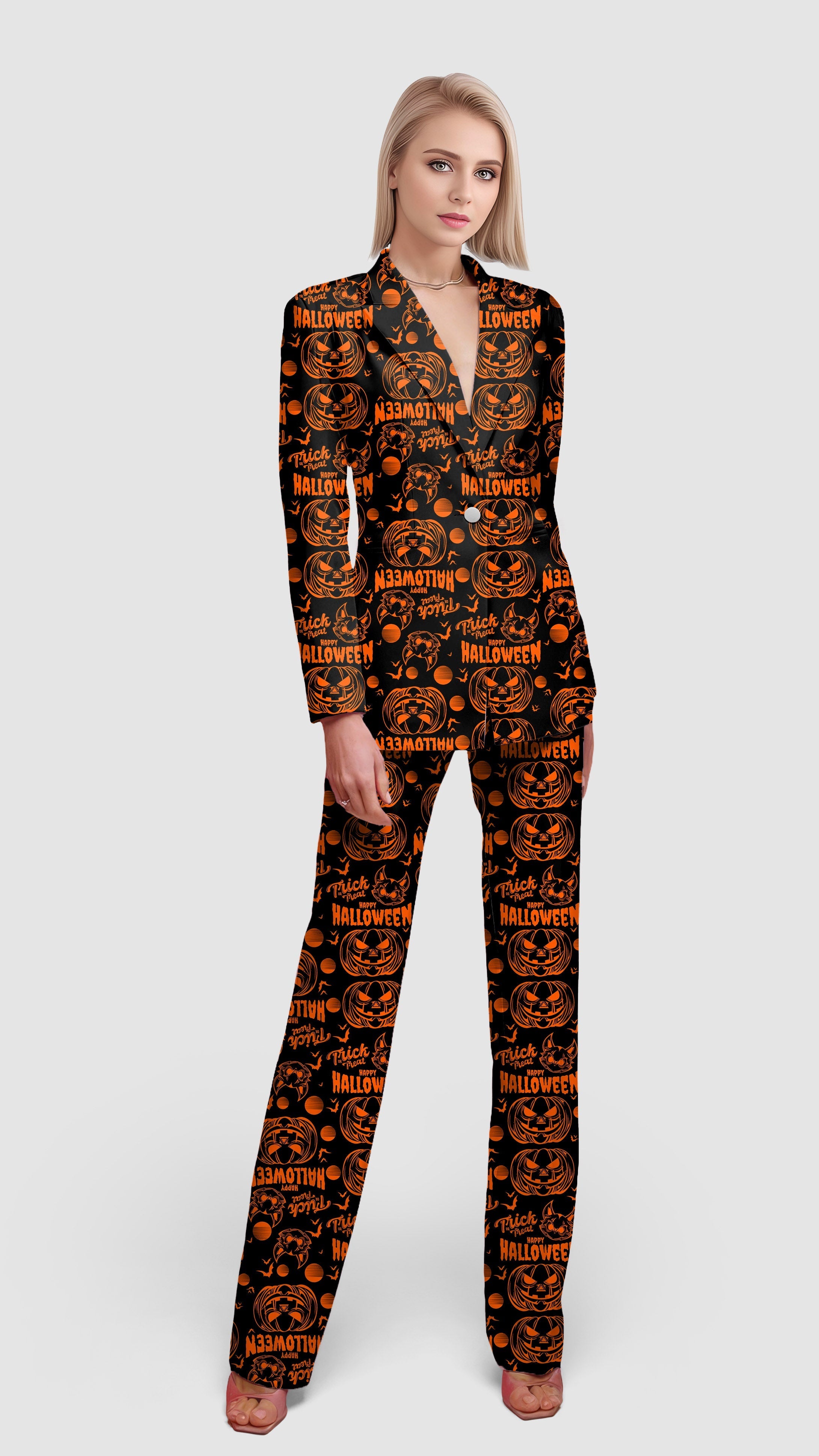 Happy Halloween Pumpkin women's blazer suit set with orange and black pumpkin pattern for office and casual wear