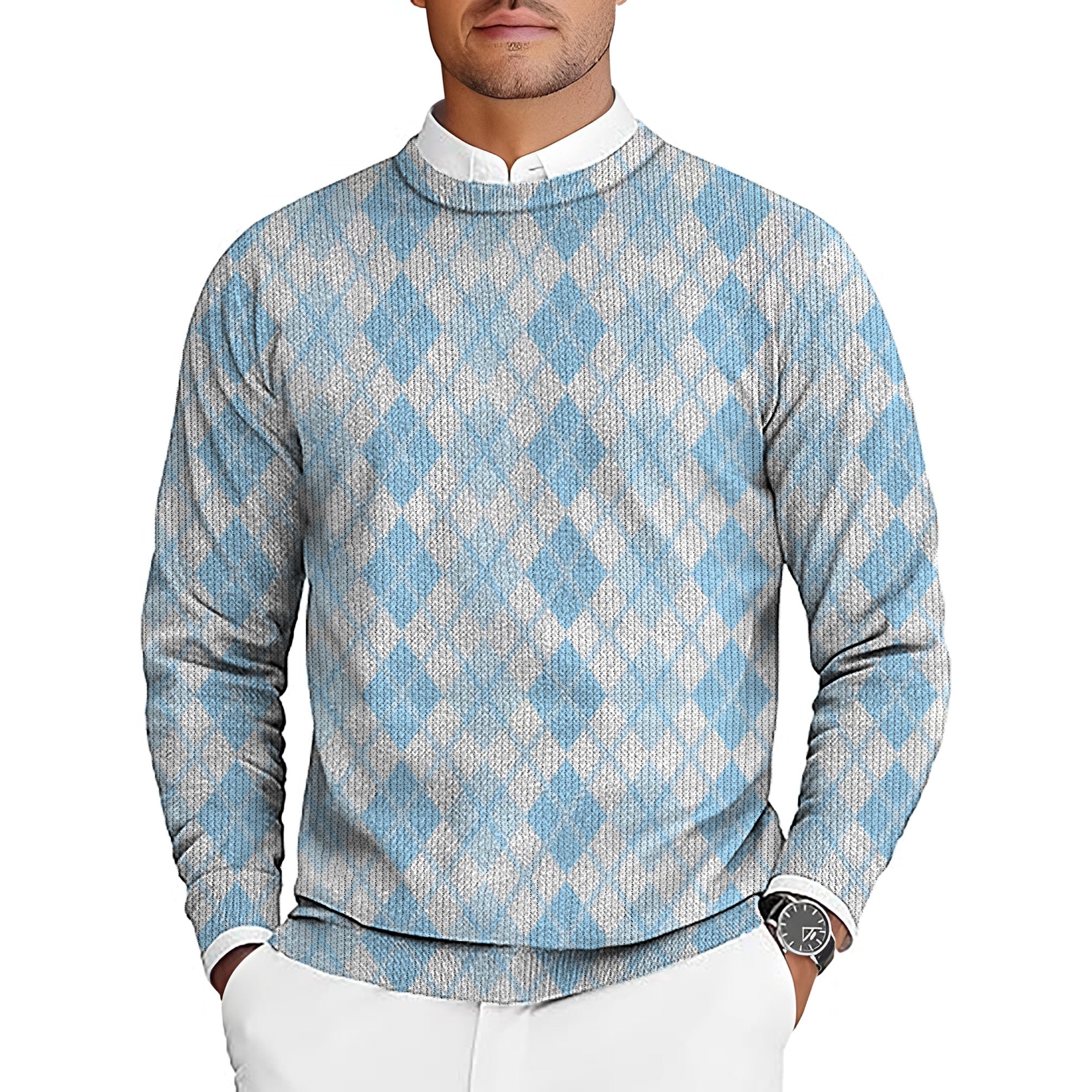 Man wearing Argyle blue grid crewneck golf pullover sweater with white collar shirt