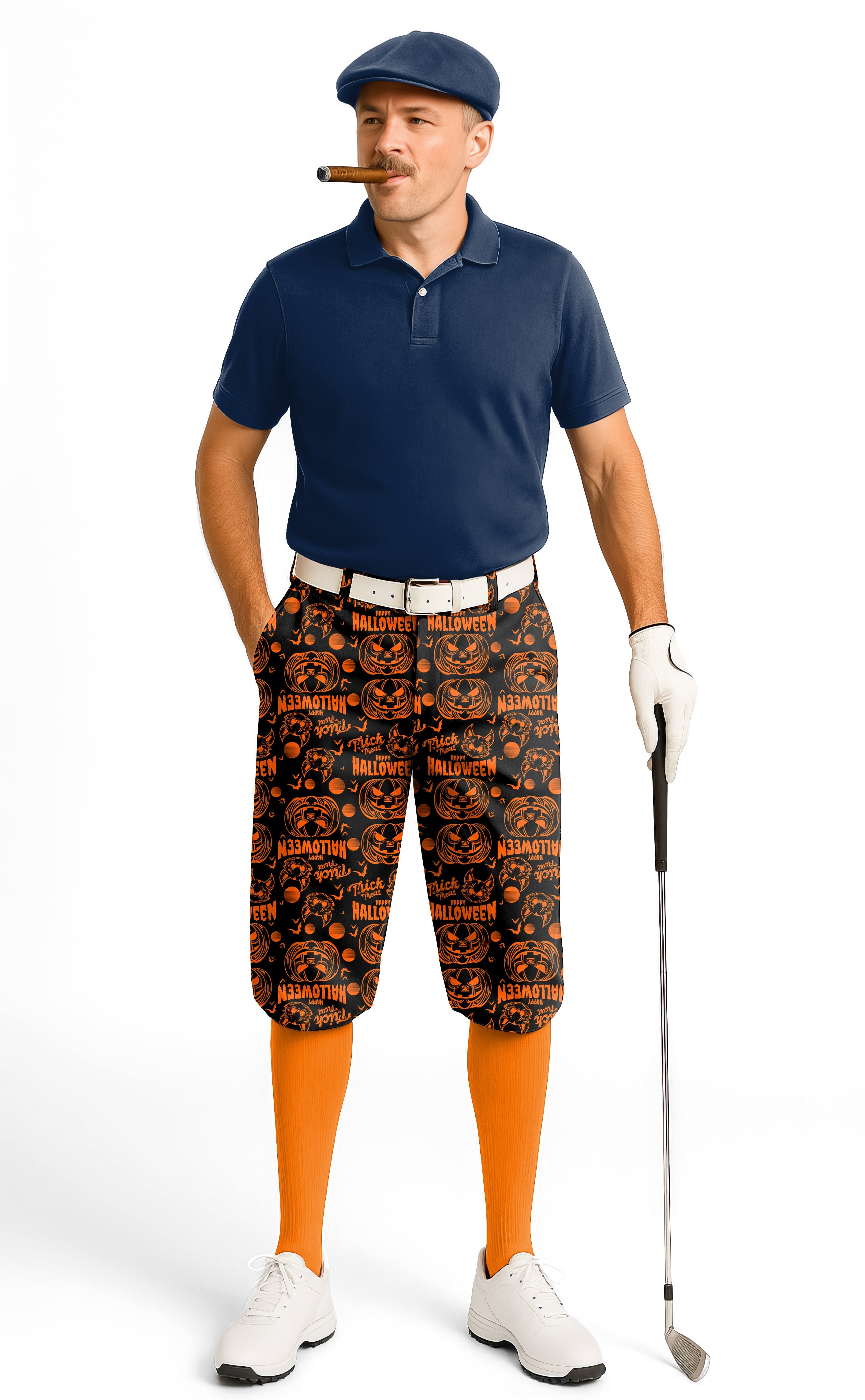 Happy Halloween Pumpkin men's golf knickers with orange jack-o'-lantern pattern and snug ankle cuffs