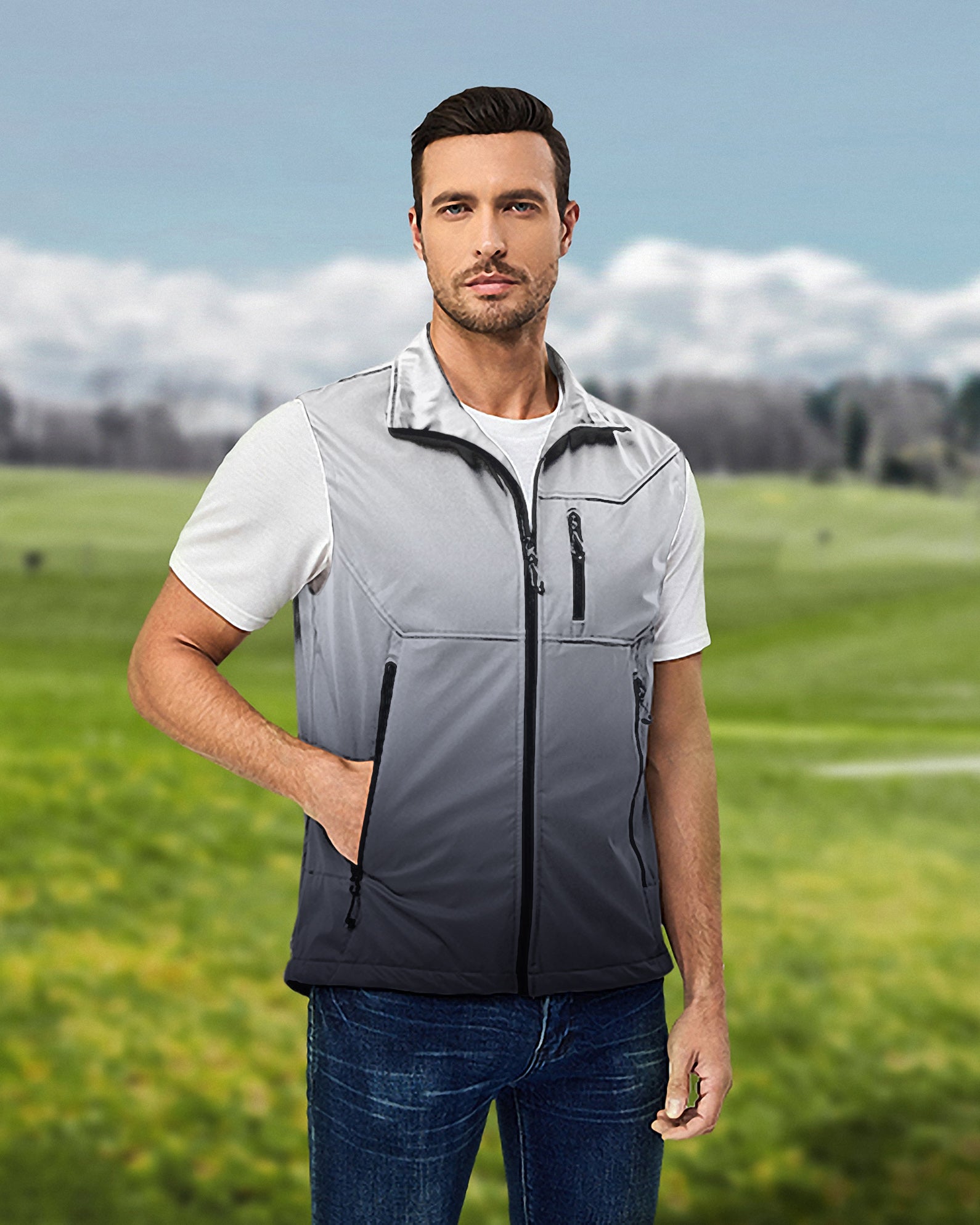 Men's Black And White Gradient Lightweight Softshell Vest Sleeveless Jacket for Golf Windproof Waterproof