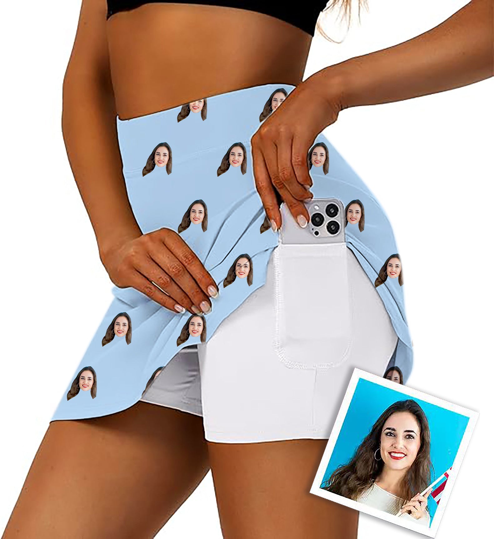 Women's athletic golf skorts with custom photo funny face print and phone pocket