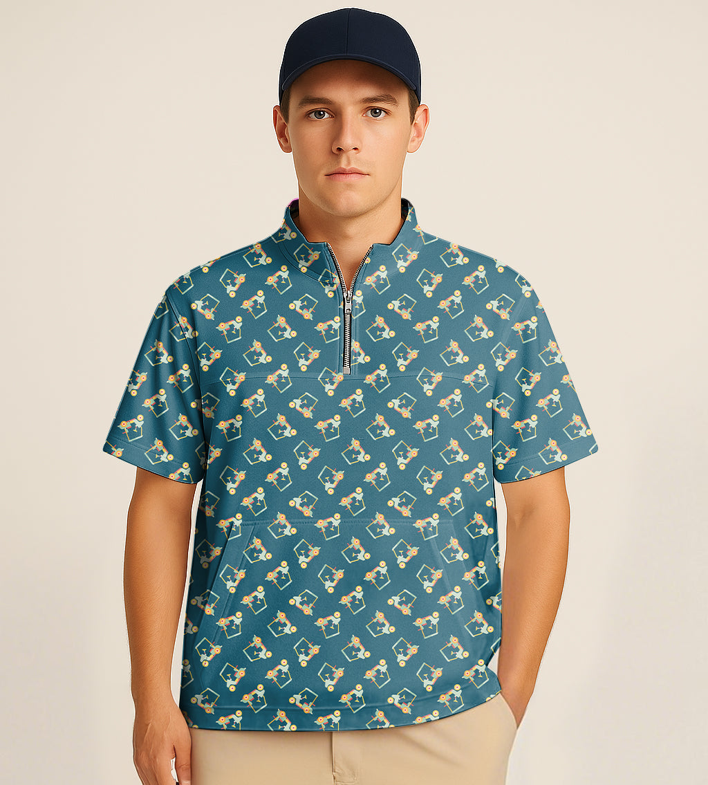 Man wearing blue half zipper turtleneck golf short shirt with cart embroidery and cap