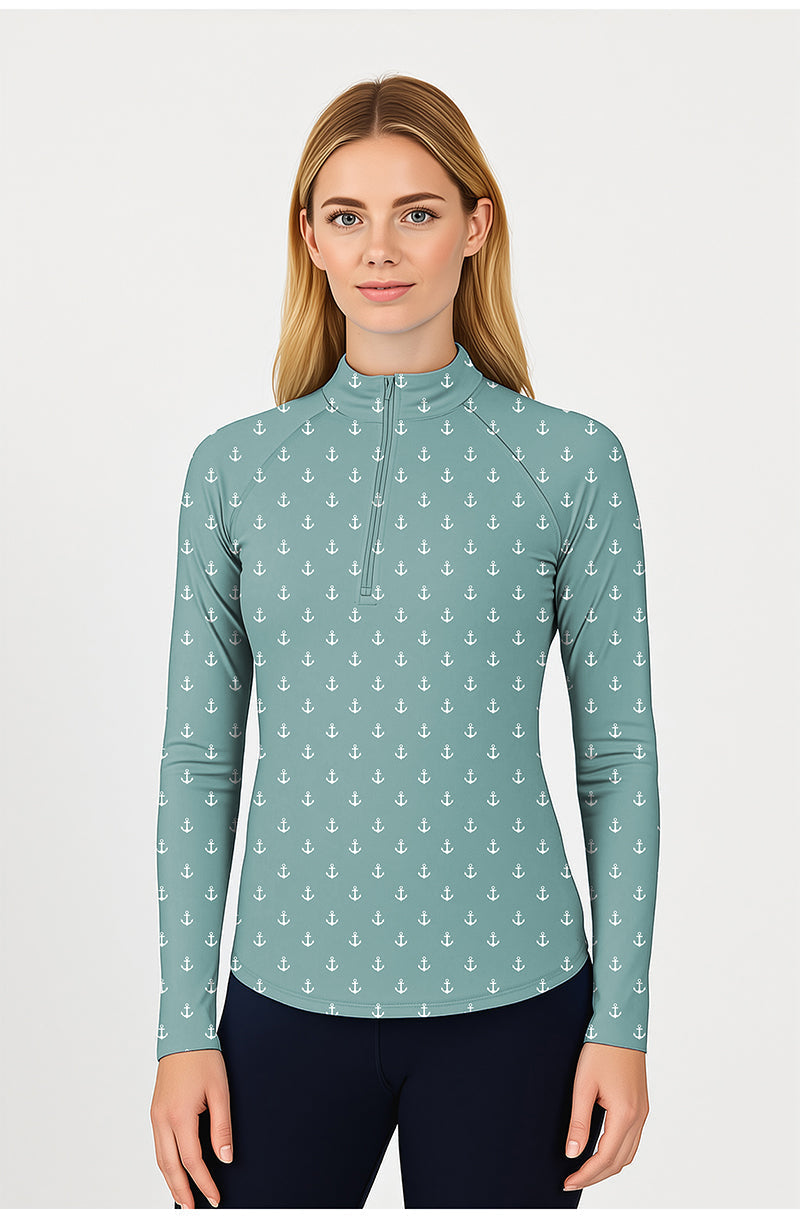 Green blue anchor patterned women's golf active 3/4 zip top with long sleeves and mock collar