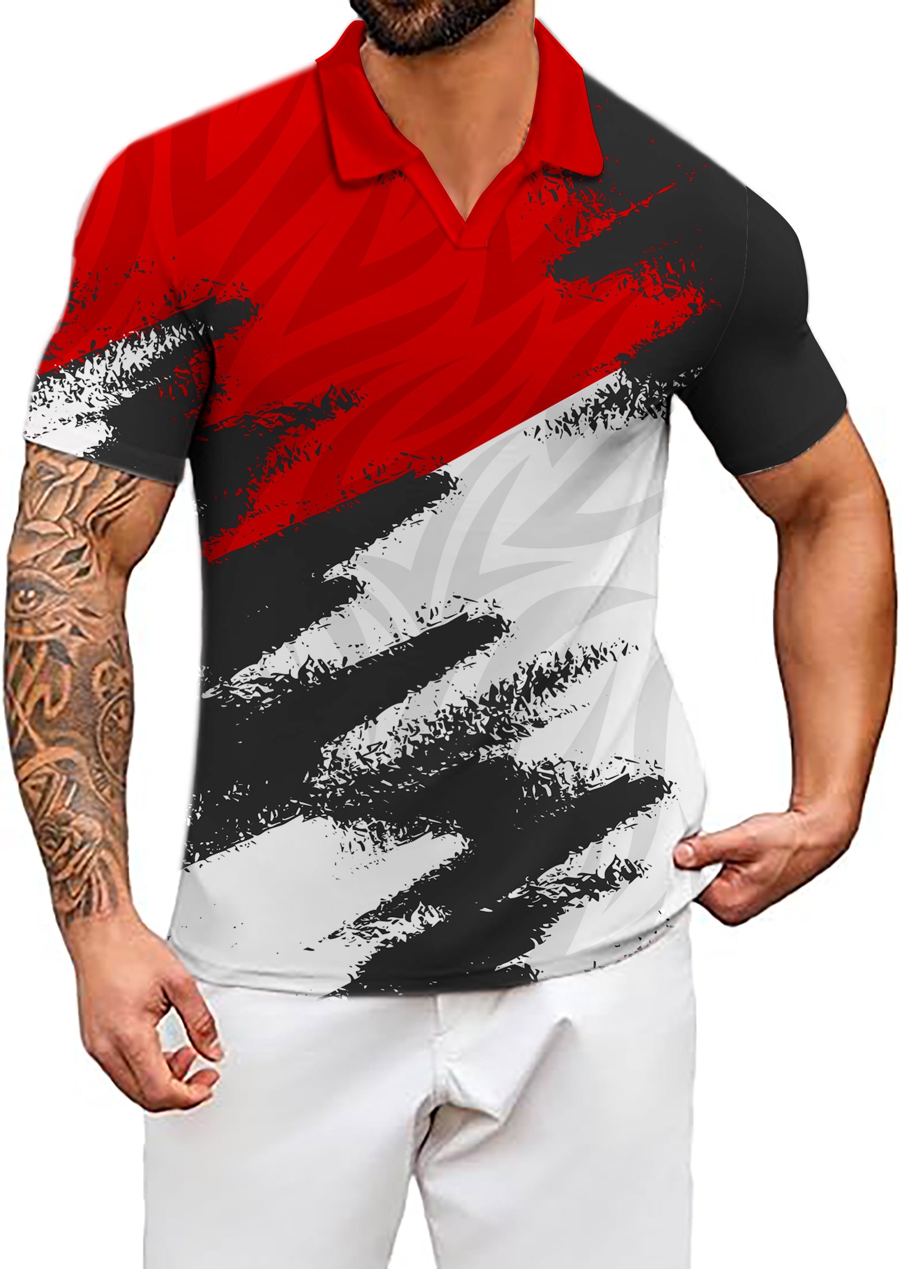 Men's Coconut Palm red black white custom sport team golf polo shirt with V neck and four-way stretch fabric