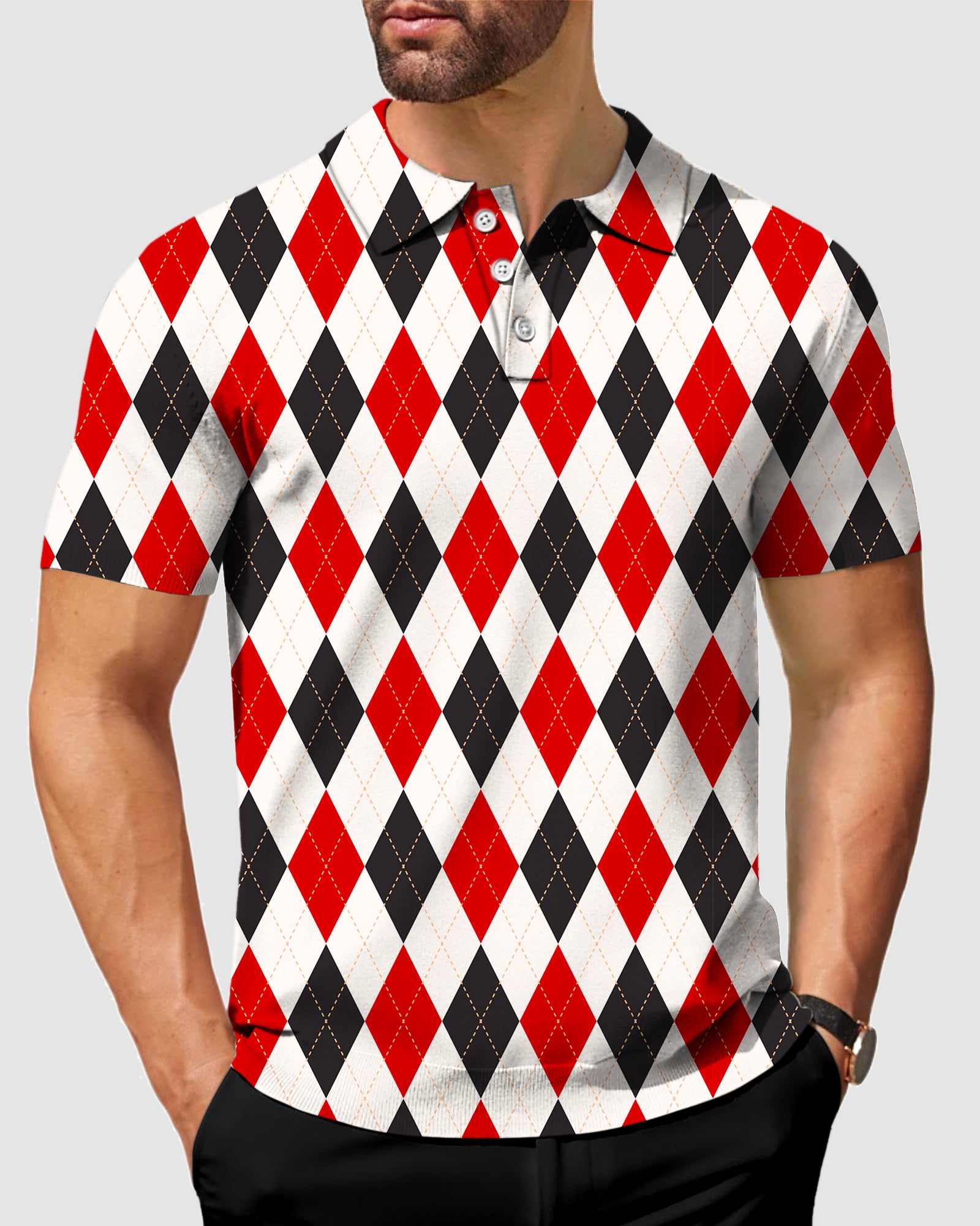 Argyle Men's Red black grid golf polo